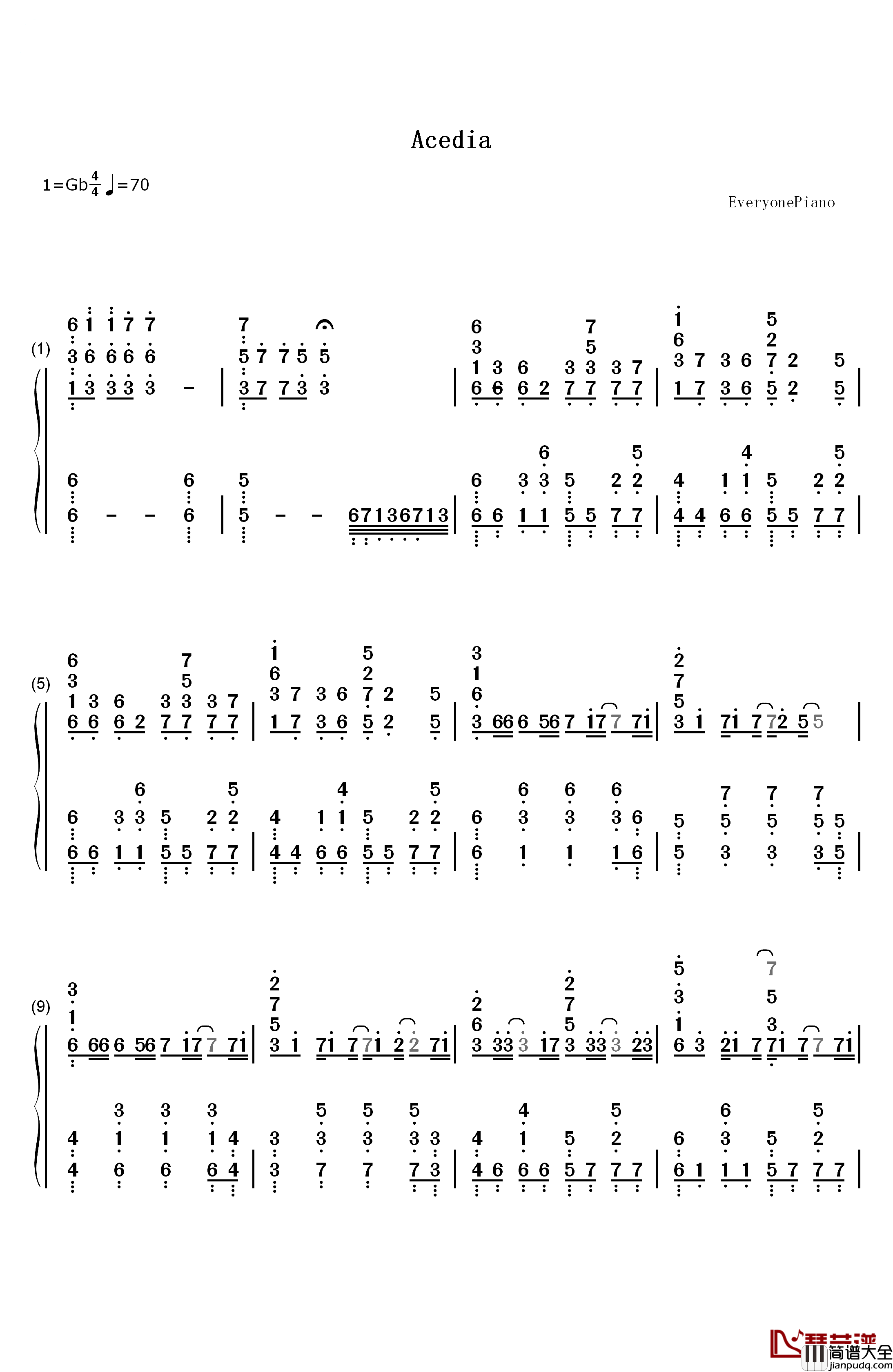 Acedia钢琴简谱_数字双手_初音未来