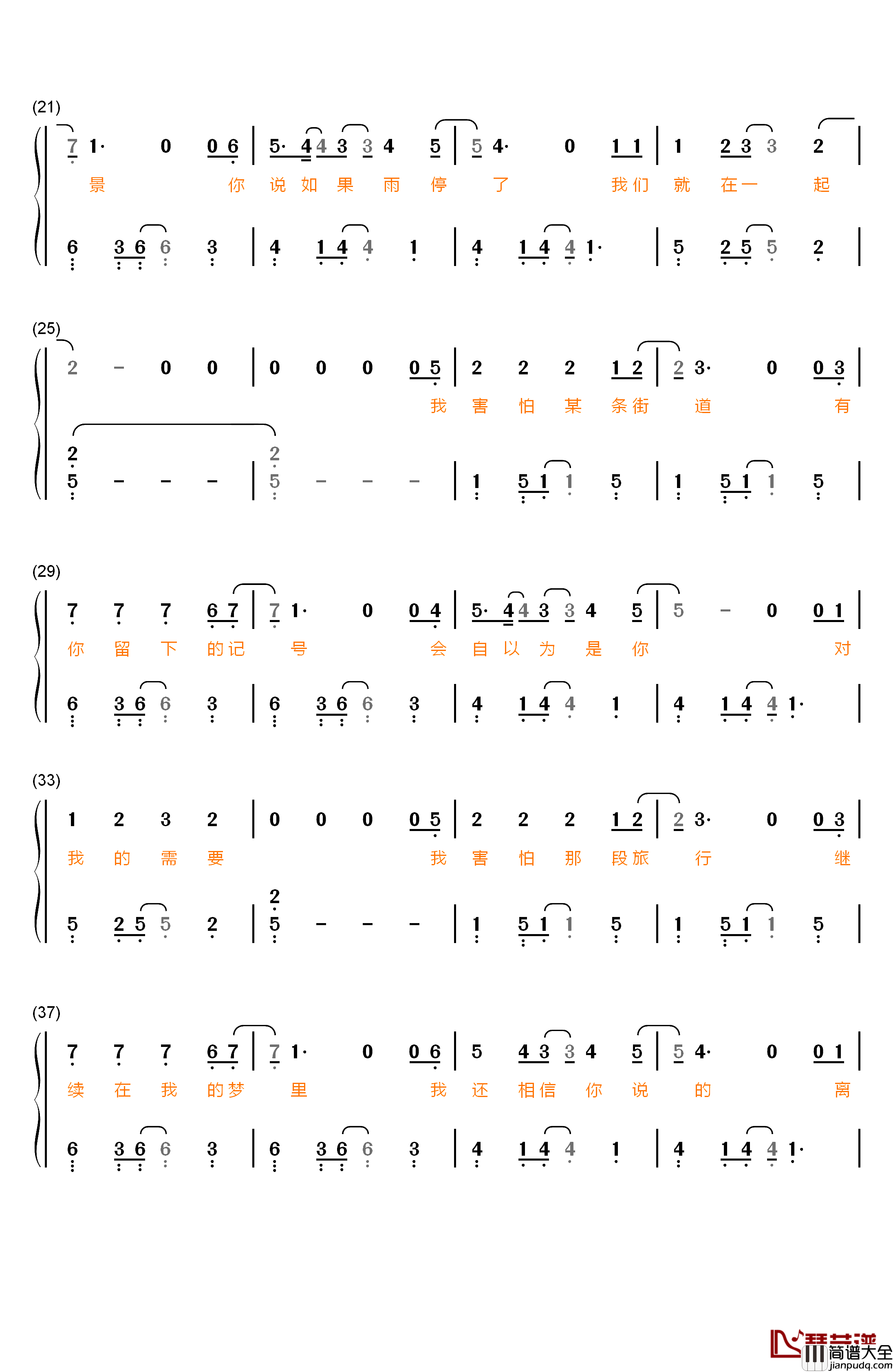 我害怕钢琴简谱_数字双手_薛之谦