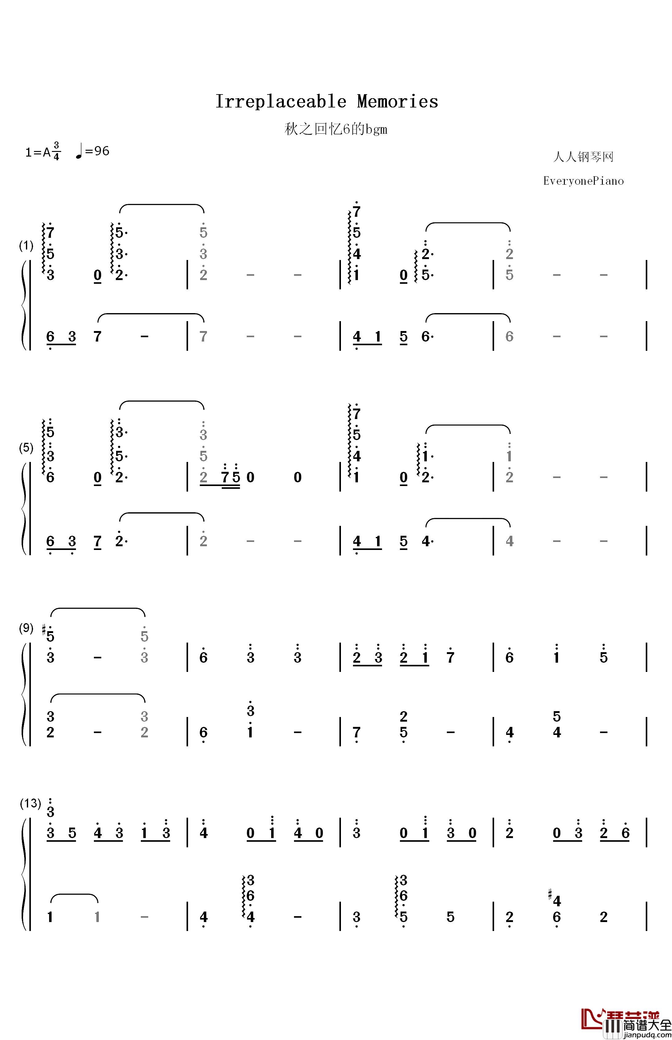 Irreplaceable_memories钢琴简谱_数字双手_秋之回忆6～T_Wave～