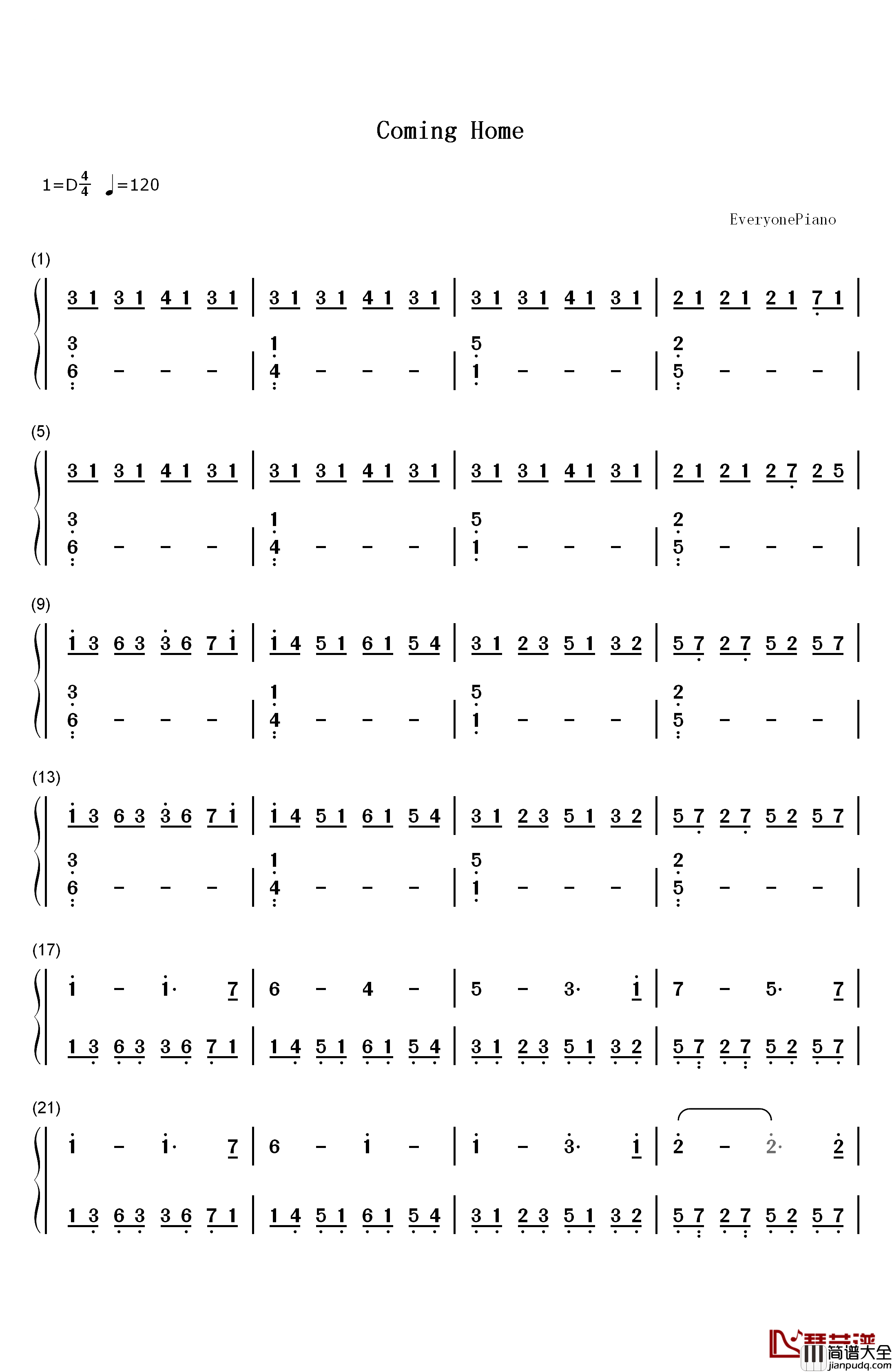 Coming_Home钢琴简谱_数字双手_Peter_Jeremias