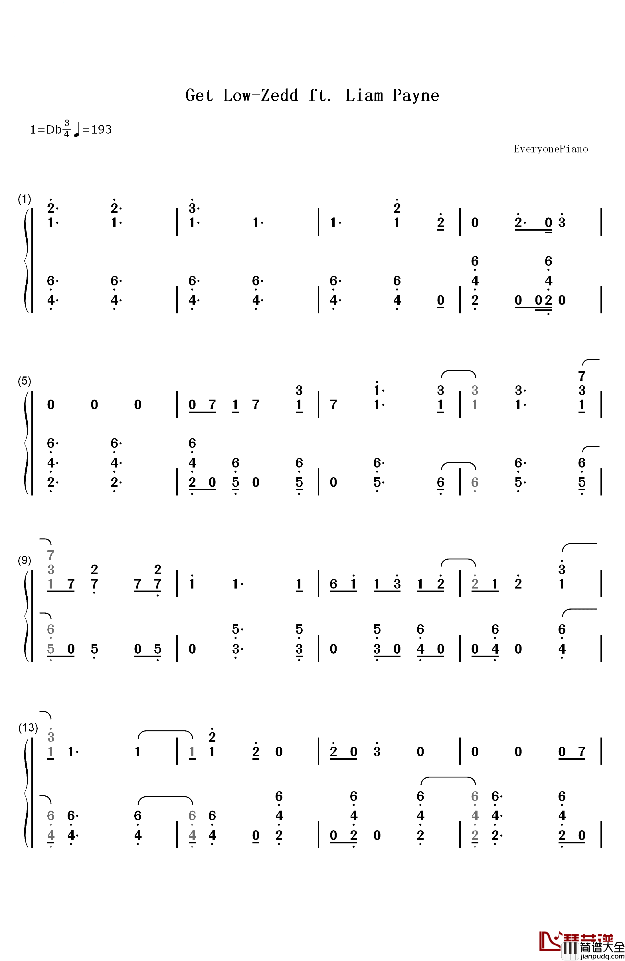 Get_Low钢琴简谱_数字双手_Zedd_ft_Liam_Payne