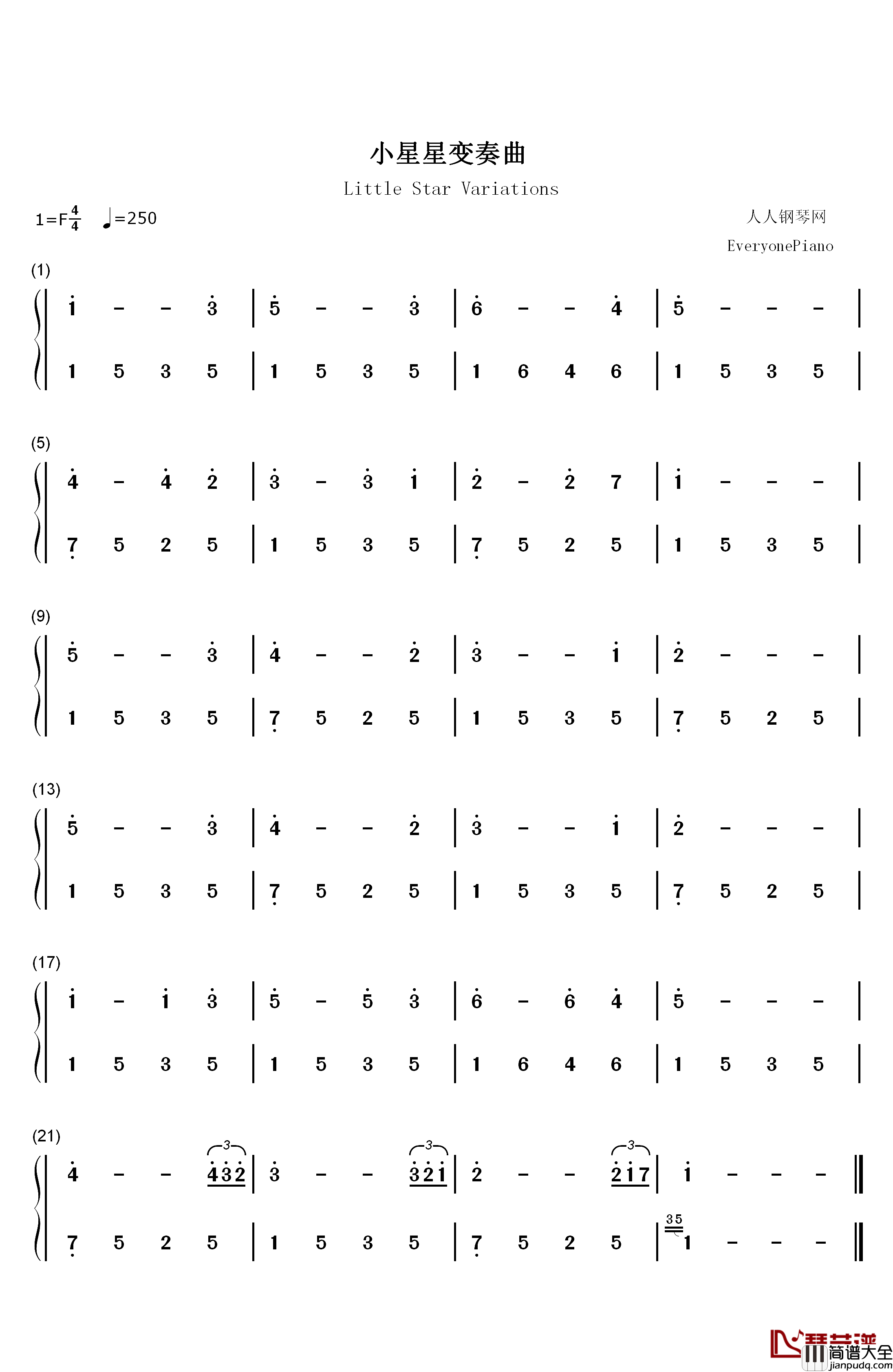 小星星变奏曲钢琴简谱_数字双手_DEMON