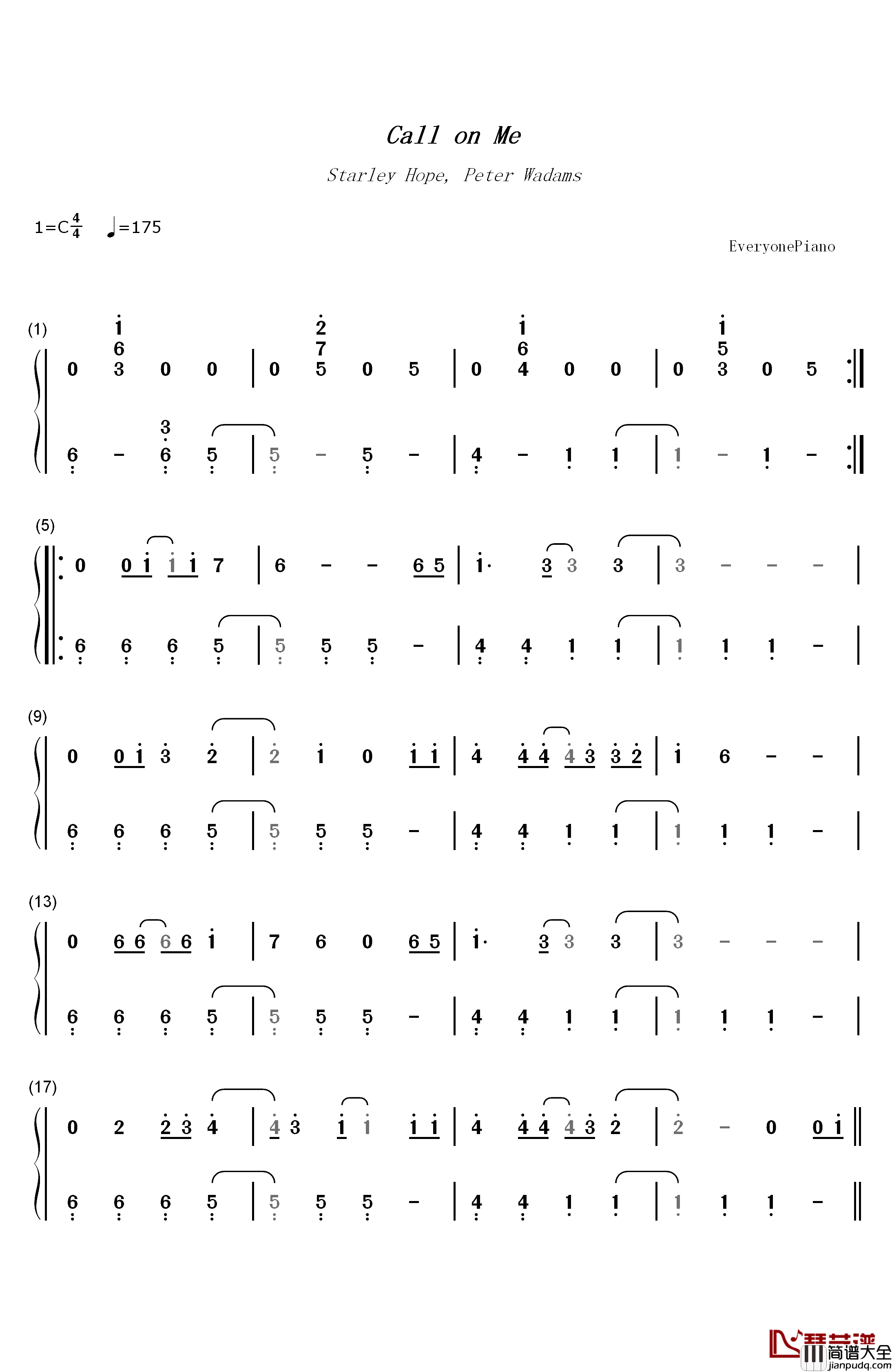 Call_on_Me钢琴简谱_数字双手_Starley