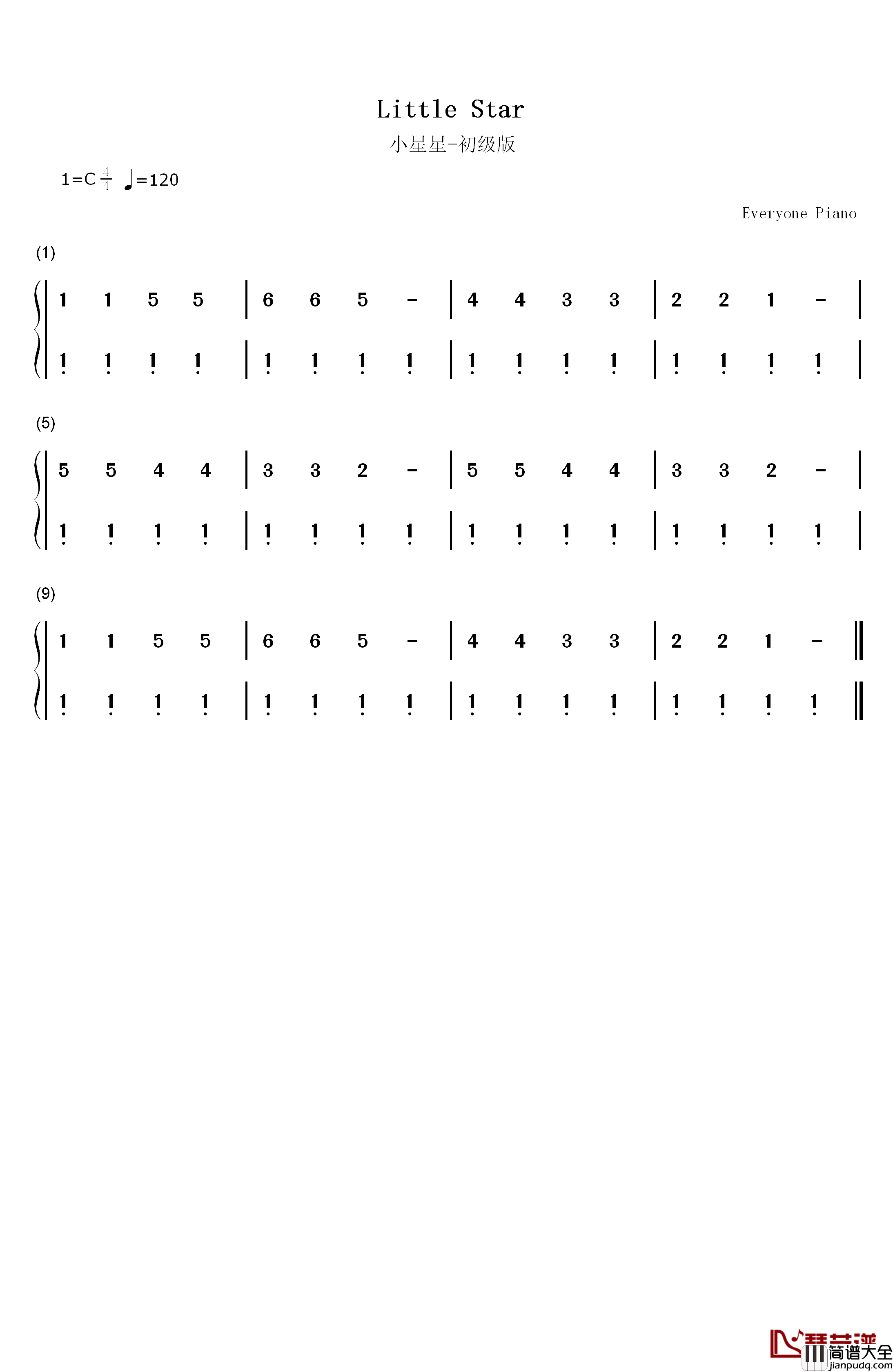 小星星初级版钢琴简谱_数字双手_法国民谣