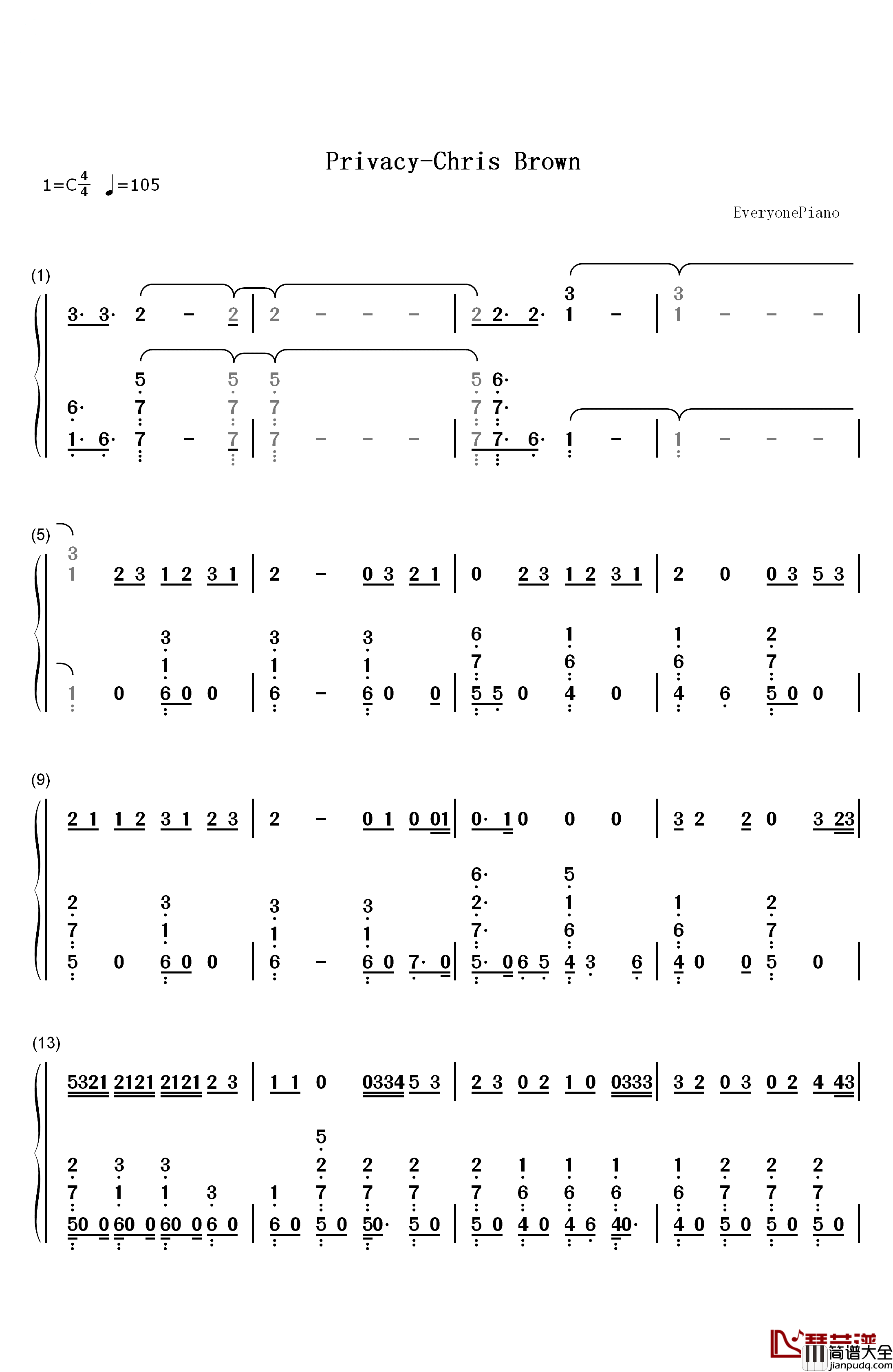 Privacy钢琴简谱_数字双手_Chris_Brown