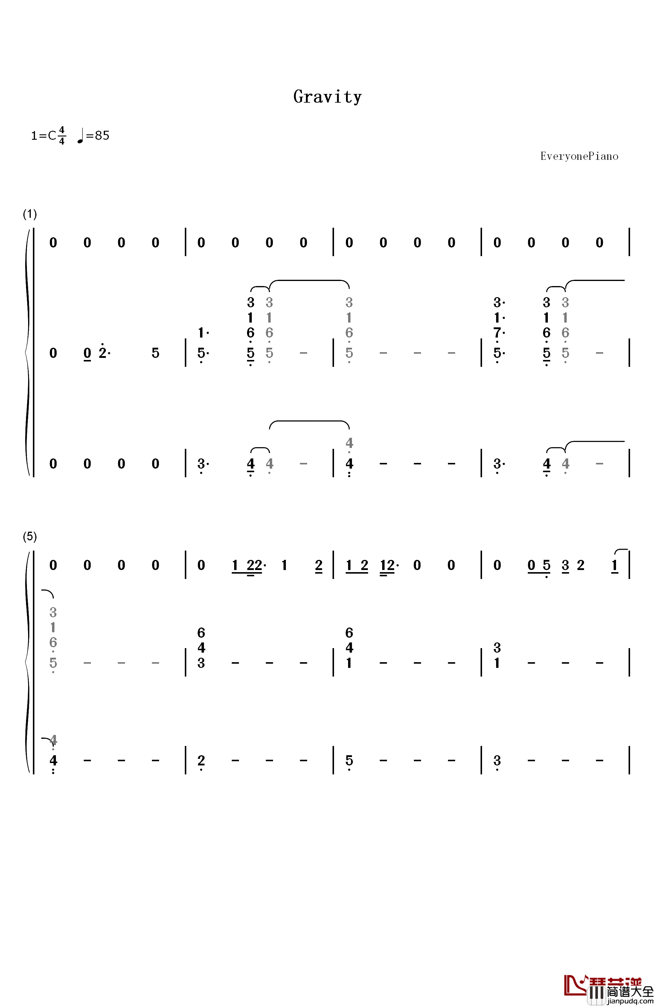 Gravity钢琴简谱_数字双手_Sara_Bareilles　