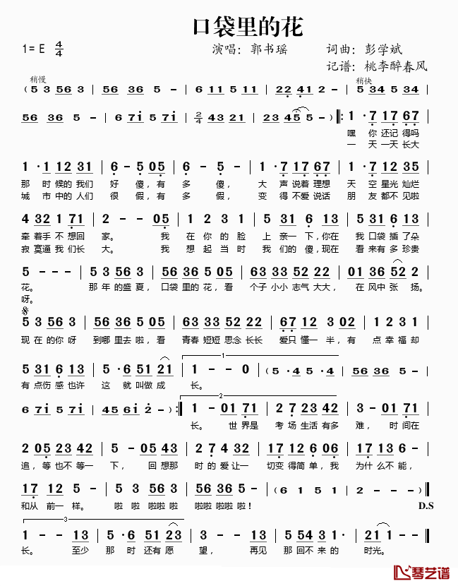 口袋里的花简谱(歌词)_郭书瑶演唱_桃李醉春风记谱