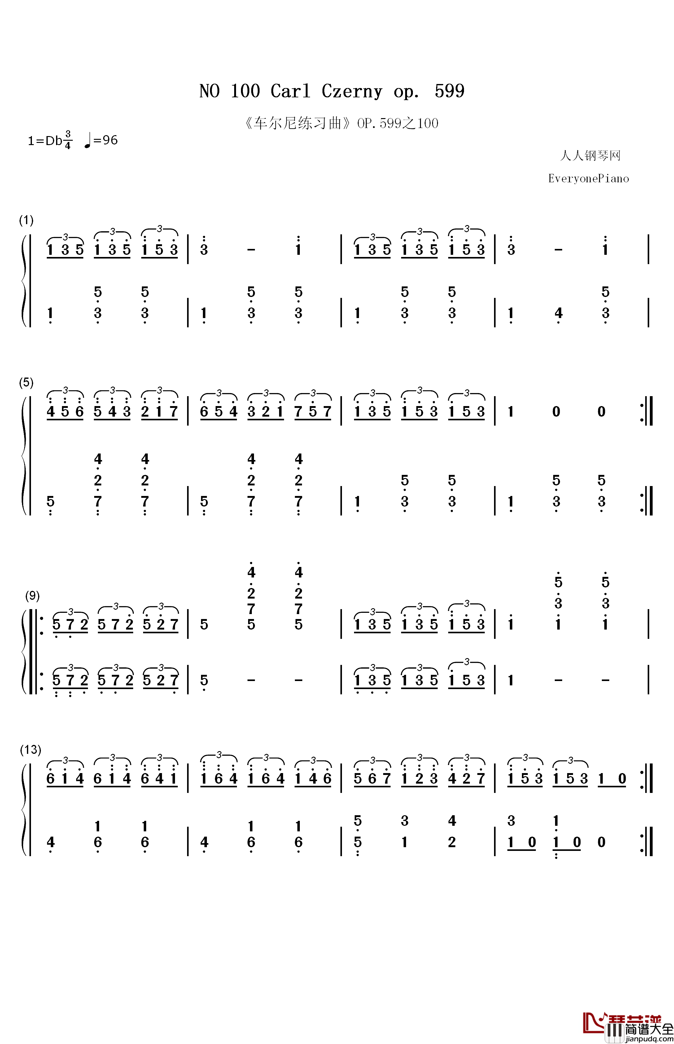 _车尔尼练习曲_OP.599之100钢琴简谱_数字双手_车尔尼