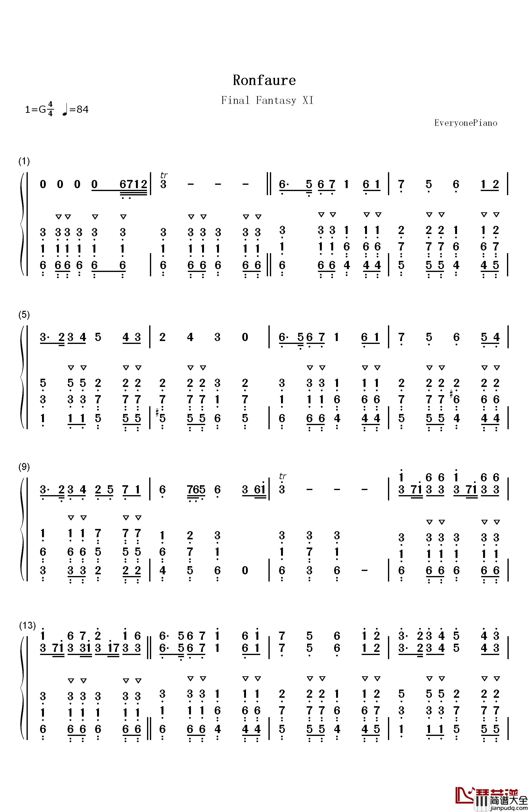 Ronfaure钢琴简谱_数字双手_植松伸夫