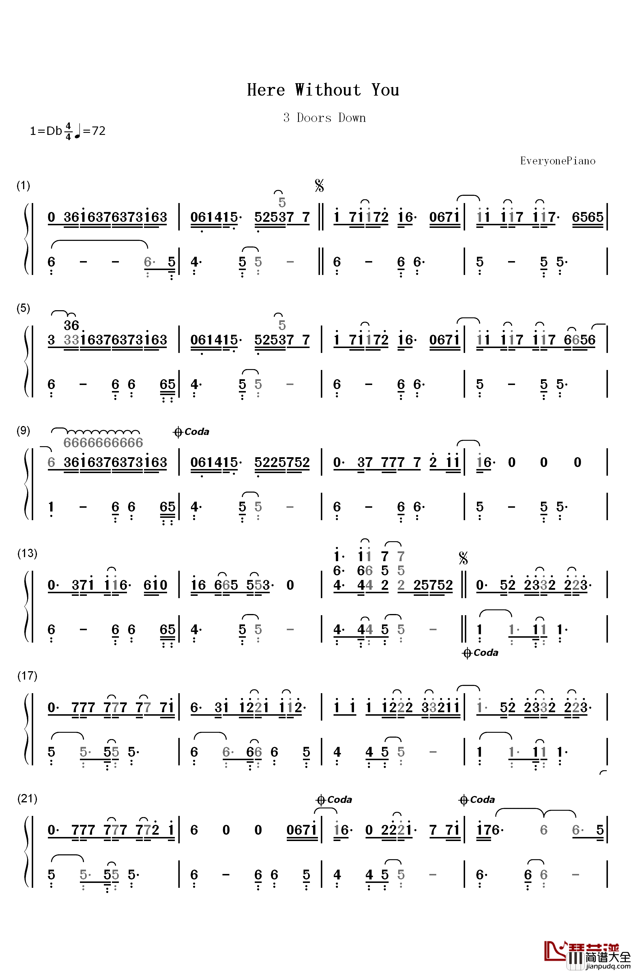 Here_Without_You钢琴简谱_数字双手_3_Doors_Down
