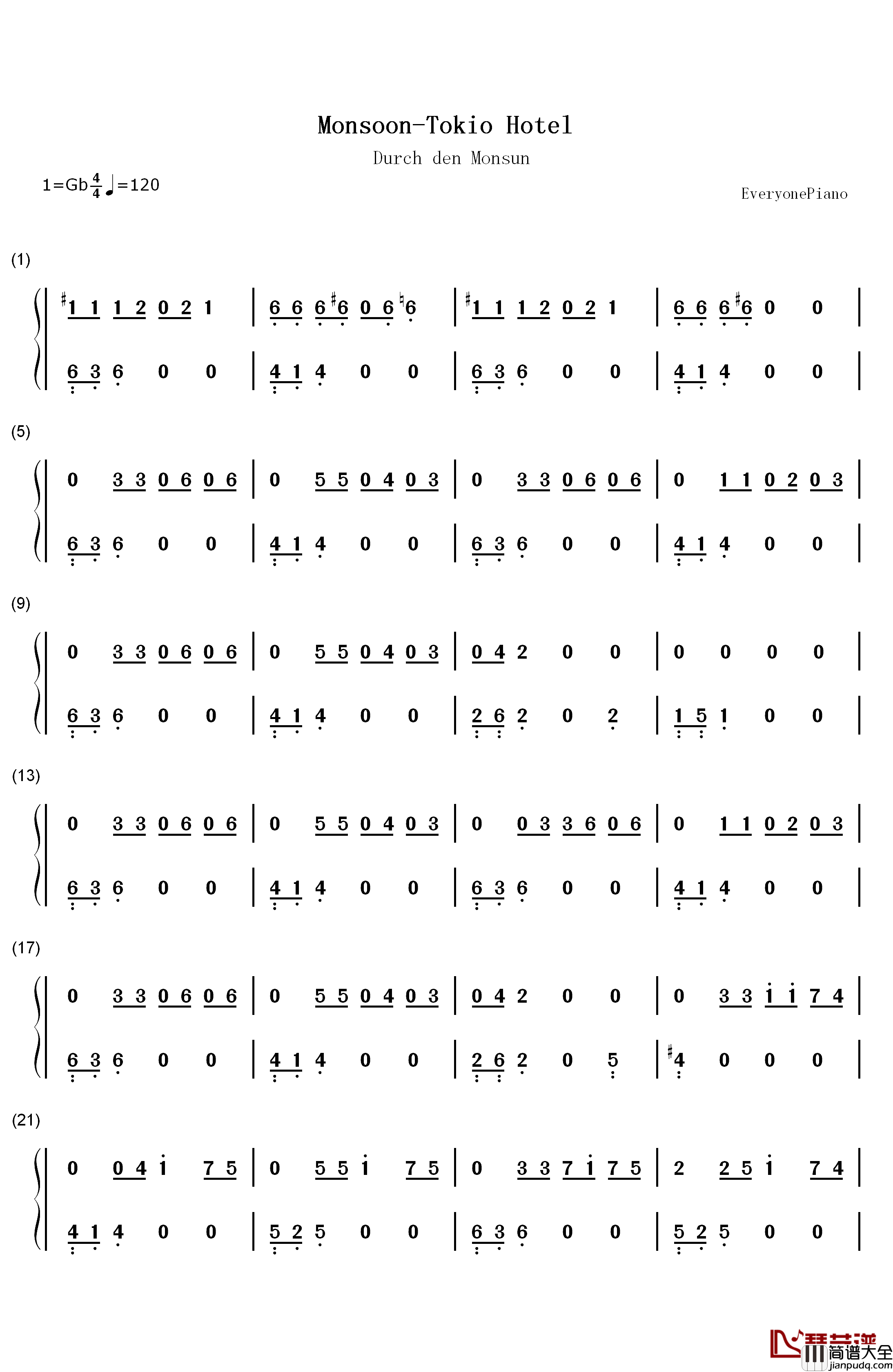 Monsoon钢琴简谱_数字双手_Tokio_Hotel