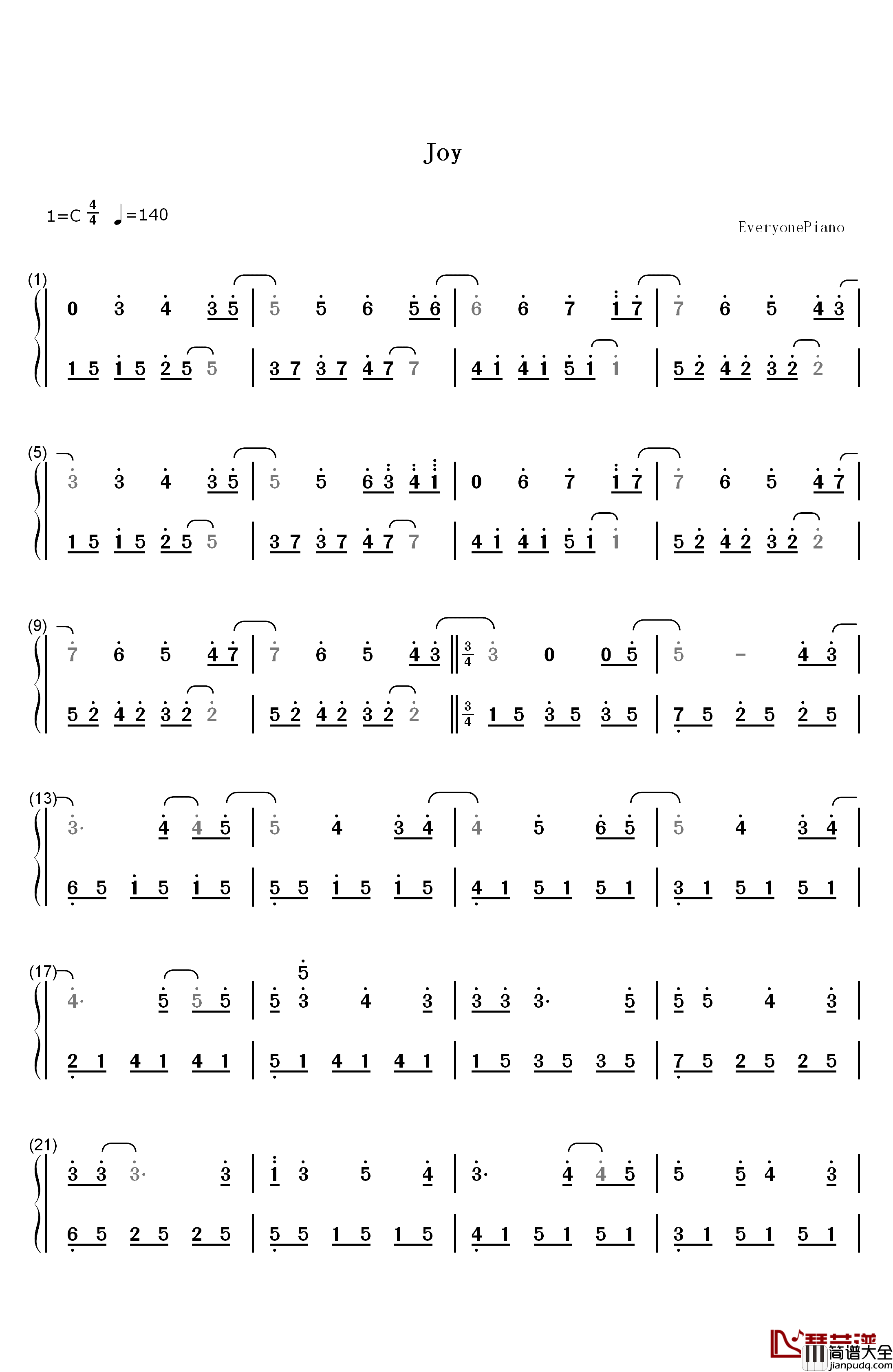 Joy钢琴简谱_数字双手_乔治·温斯顿