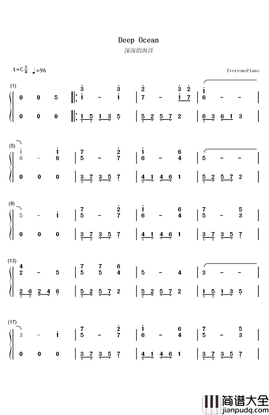 深深的海洋钢琴简谱_数字双手_李宝树