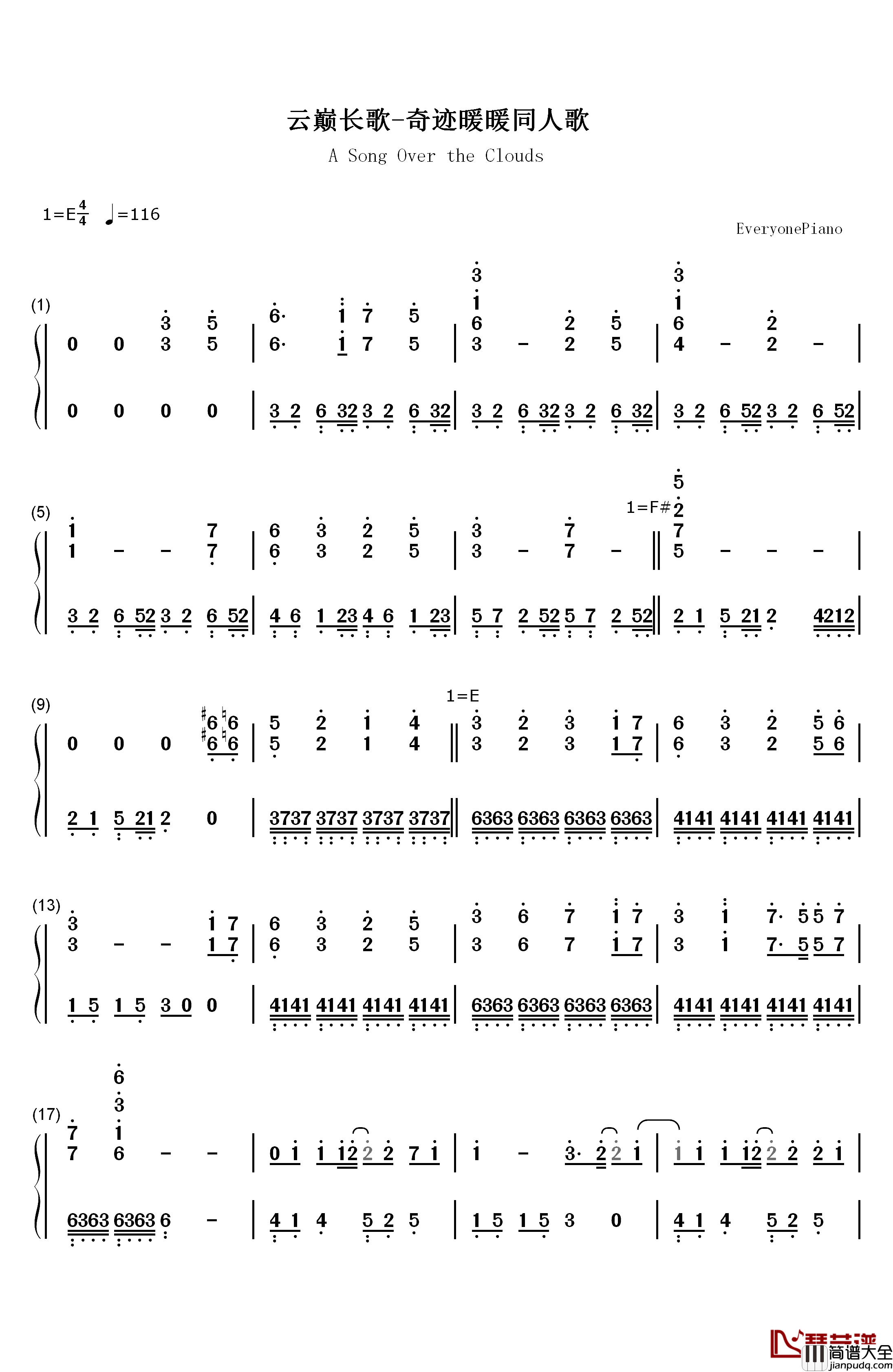 云巅长歌钢琴简谱_数字双手_白永羲_祝羽弦