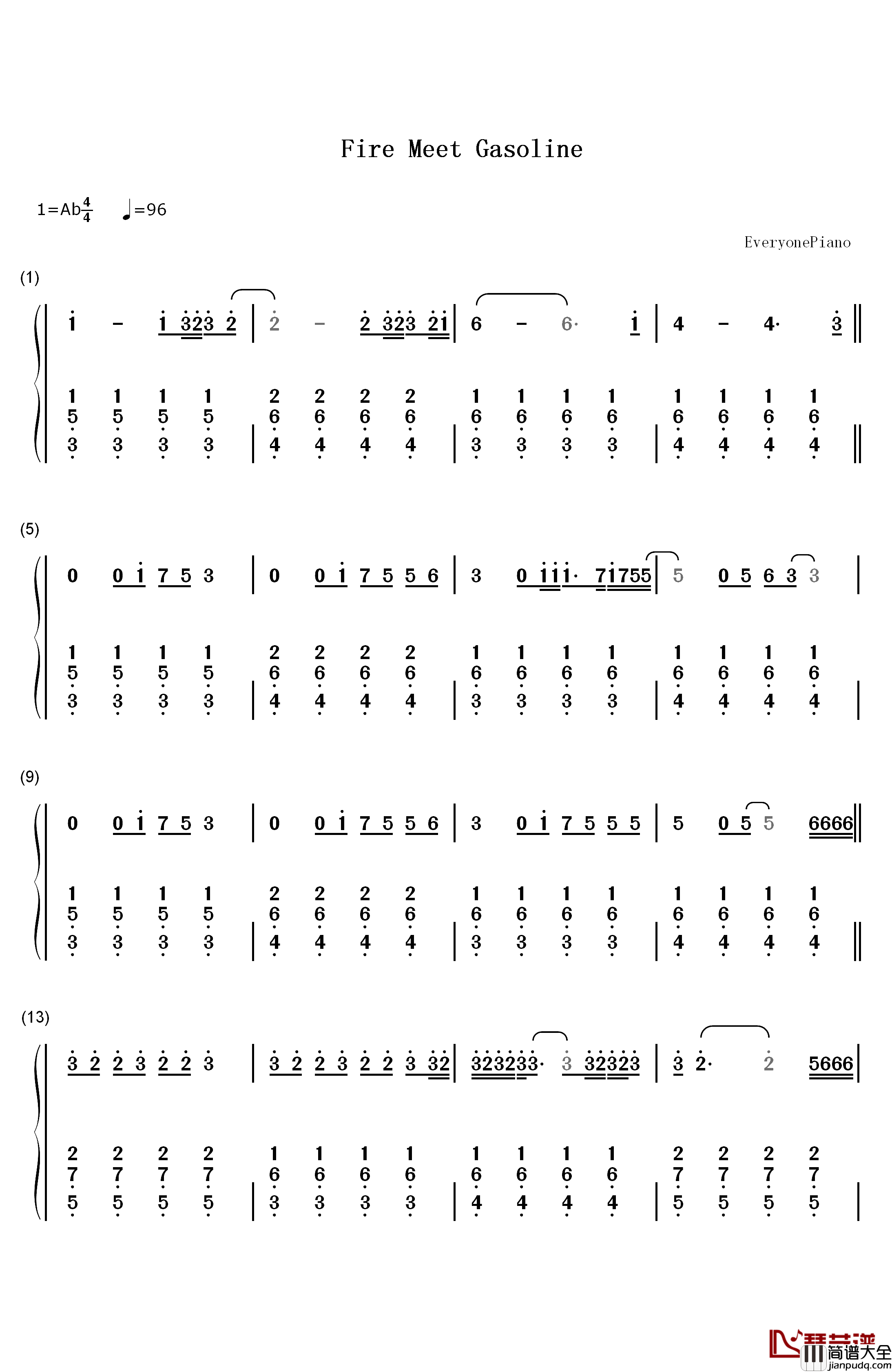 Fire_Meet_Gasoline钢琴简谱_数字双手_Sia