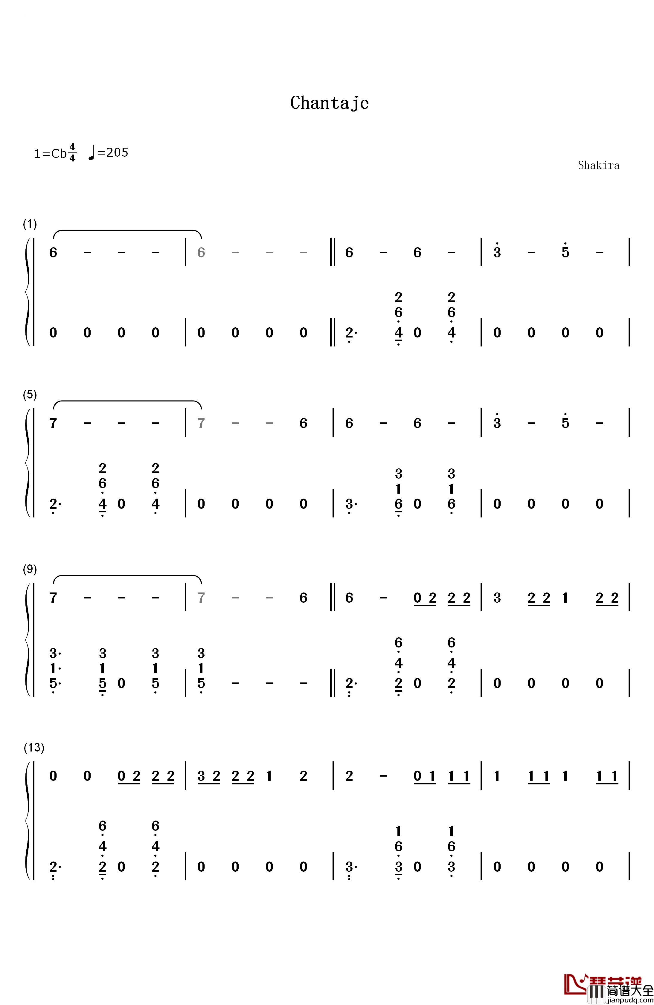 Chantaje钢琴简谱_数字双手_Shakira