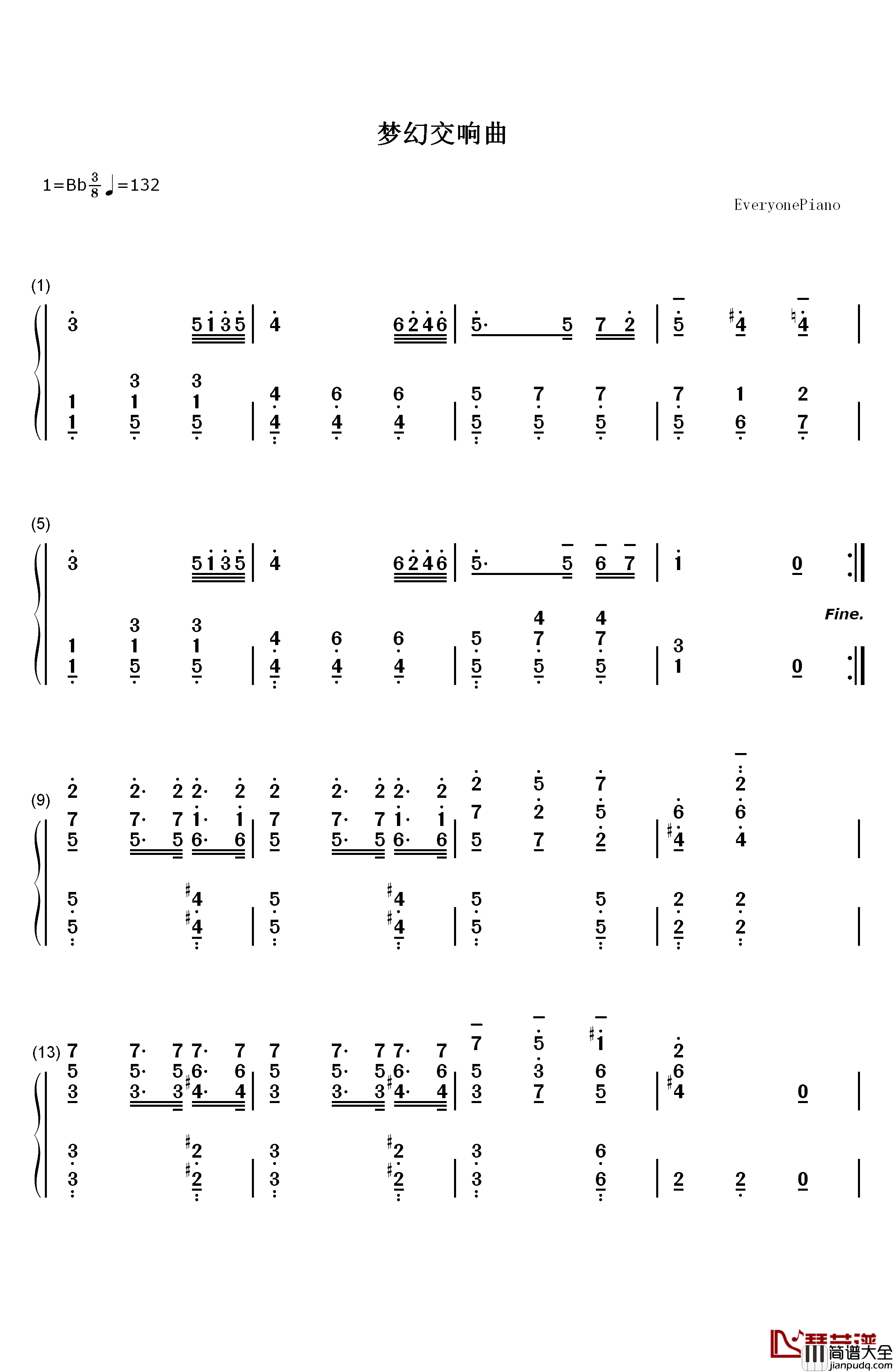 梦幻交响曲钢琴简谱_数字双手_贝多芬