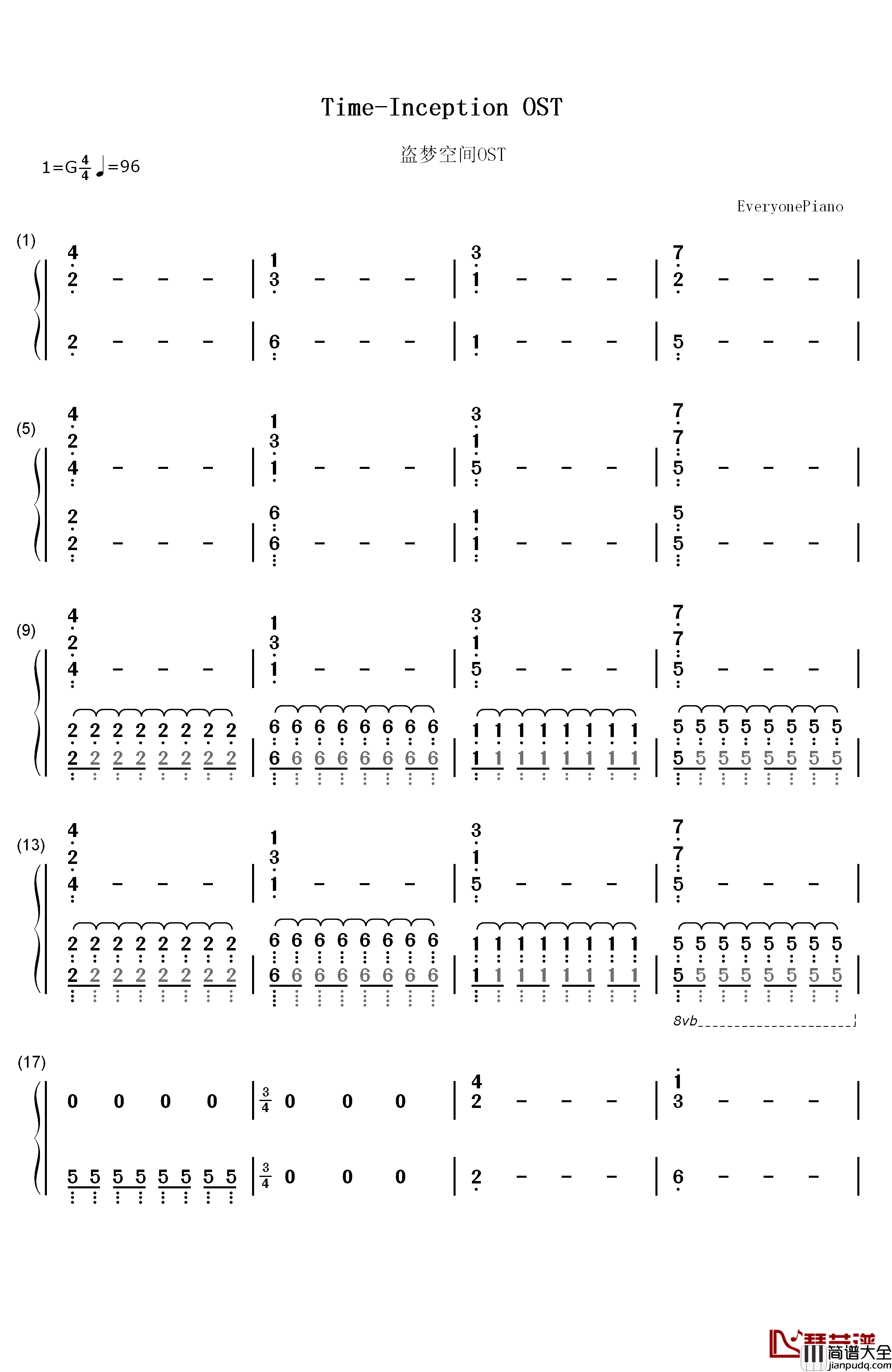 Time钢琴简谱_数字双手_Hans_Zimmer