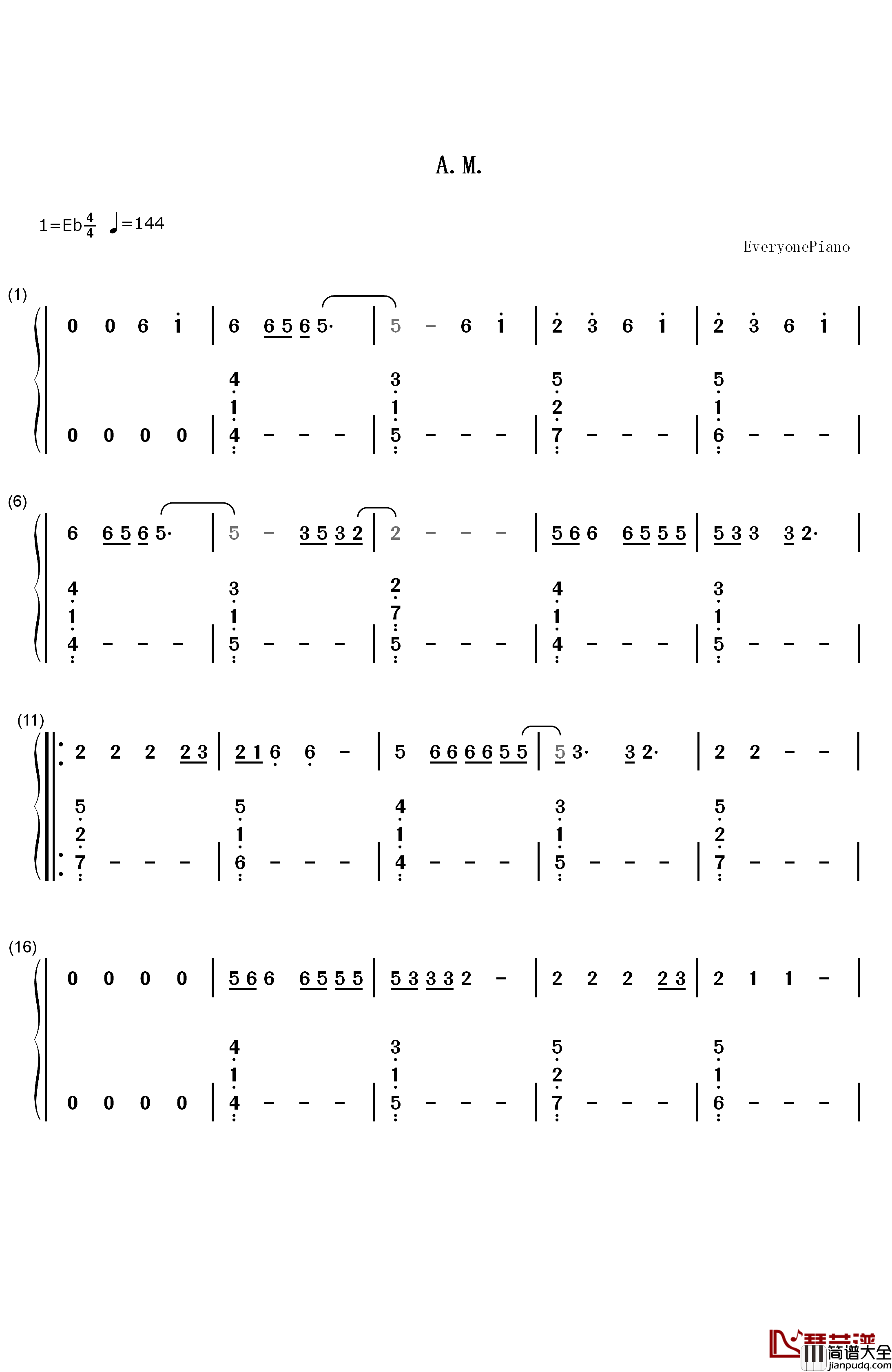 A.M.钢琴简谱_数字双手_One_Direction