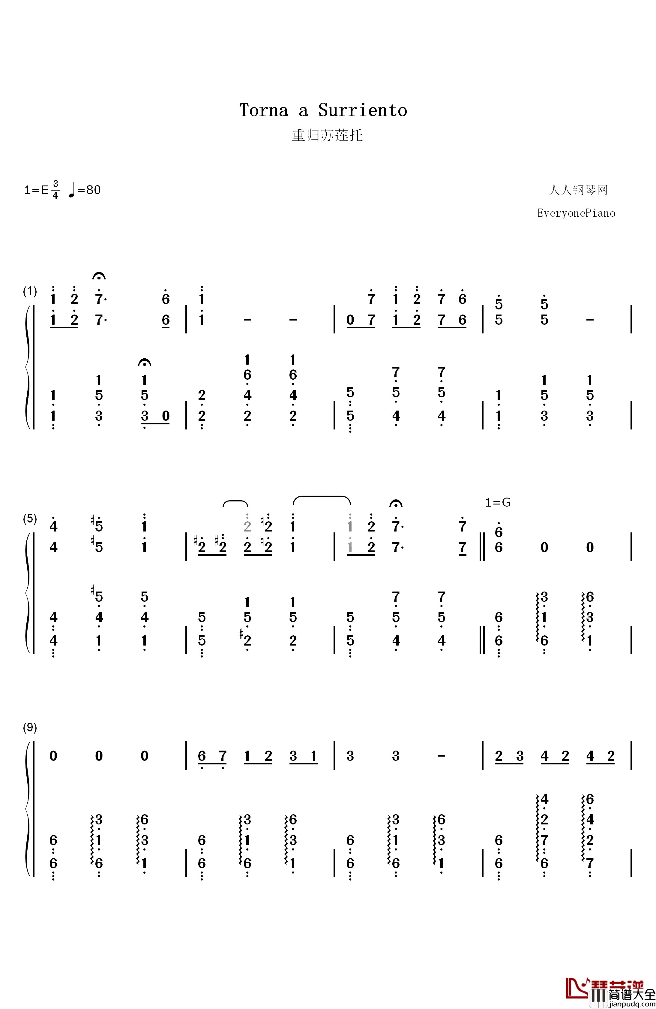 重归苏莲托钢琴简谱_数字双手_埃尔内斯托·第·库尔蒂斯