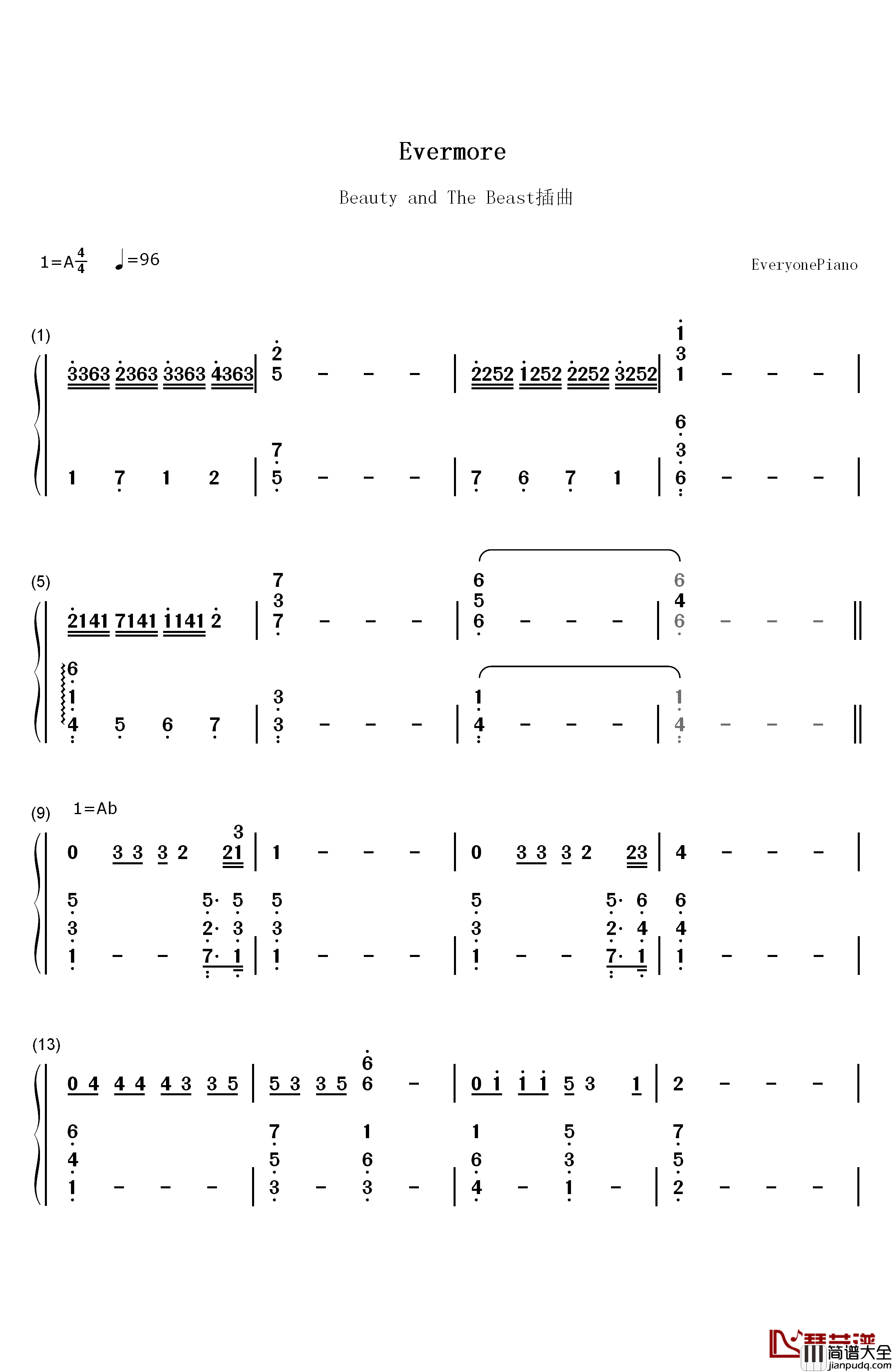 Evermore钢琴简谱_数字双手_Alan_Menken