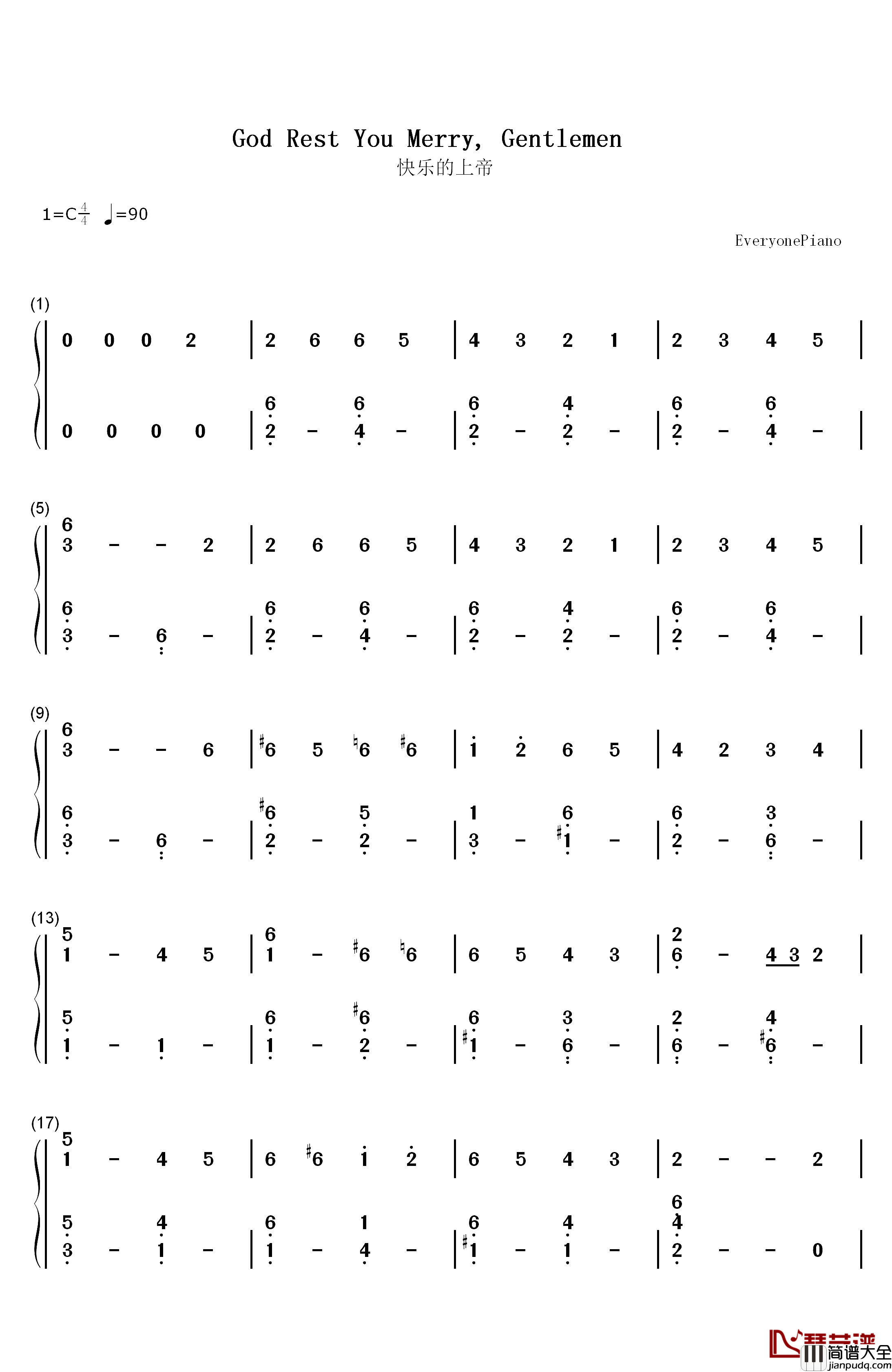 快乐的上帝（God_Rest_You_Merry_Gentlemen）钢琴简谱_数字双手_William_B._Sandys