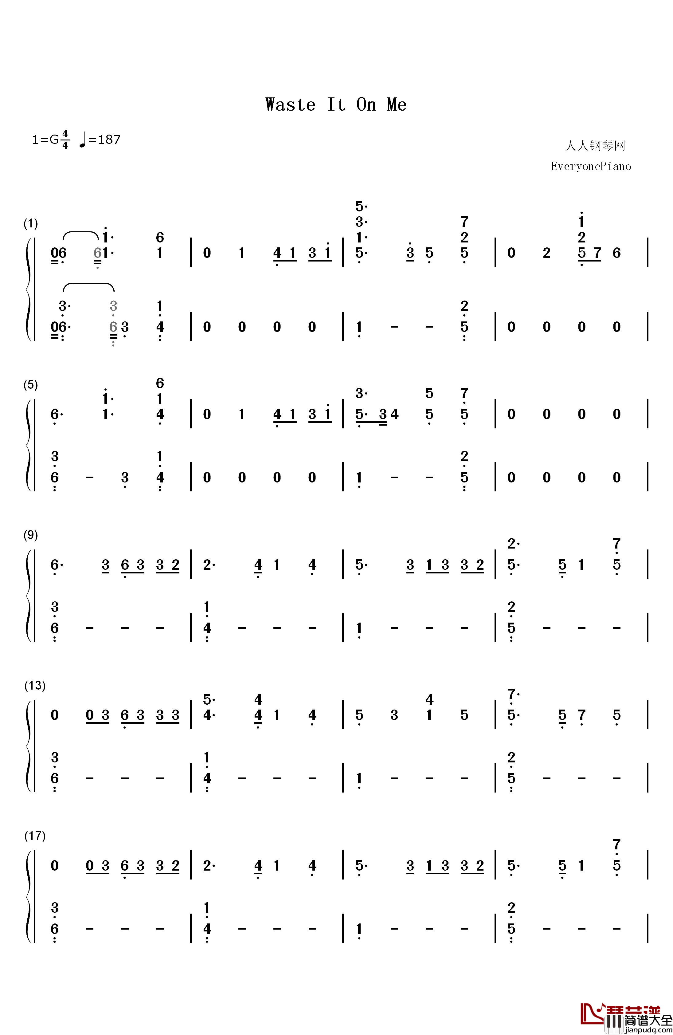 Waste_It_On_Me钢琴简谱_数字双手_Steve_Aoki_BTS