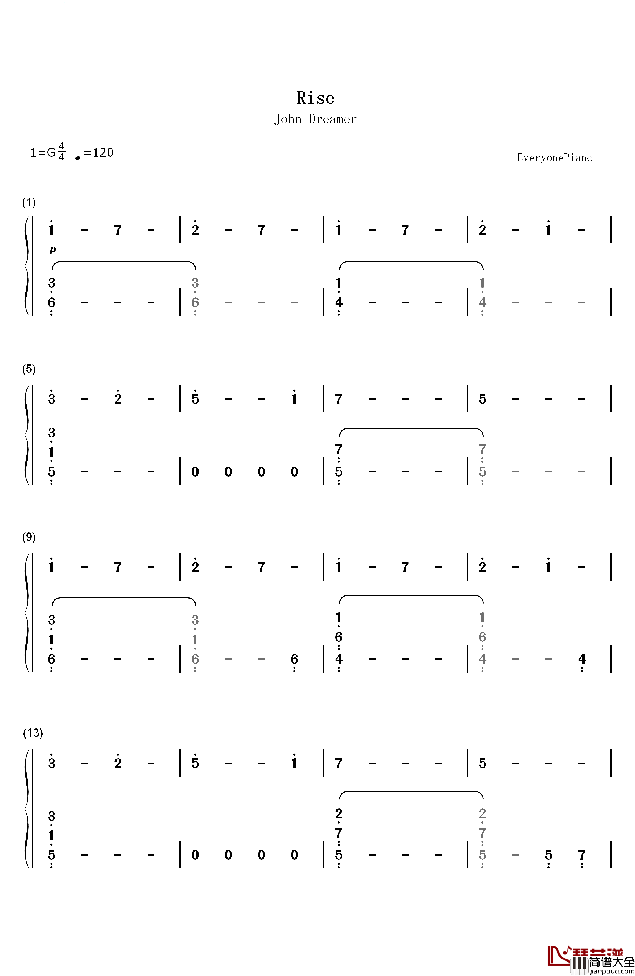 Rise钢琴简谱_数字双手_John_Dreamer