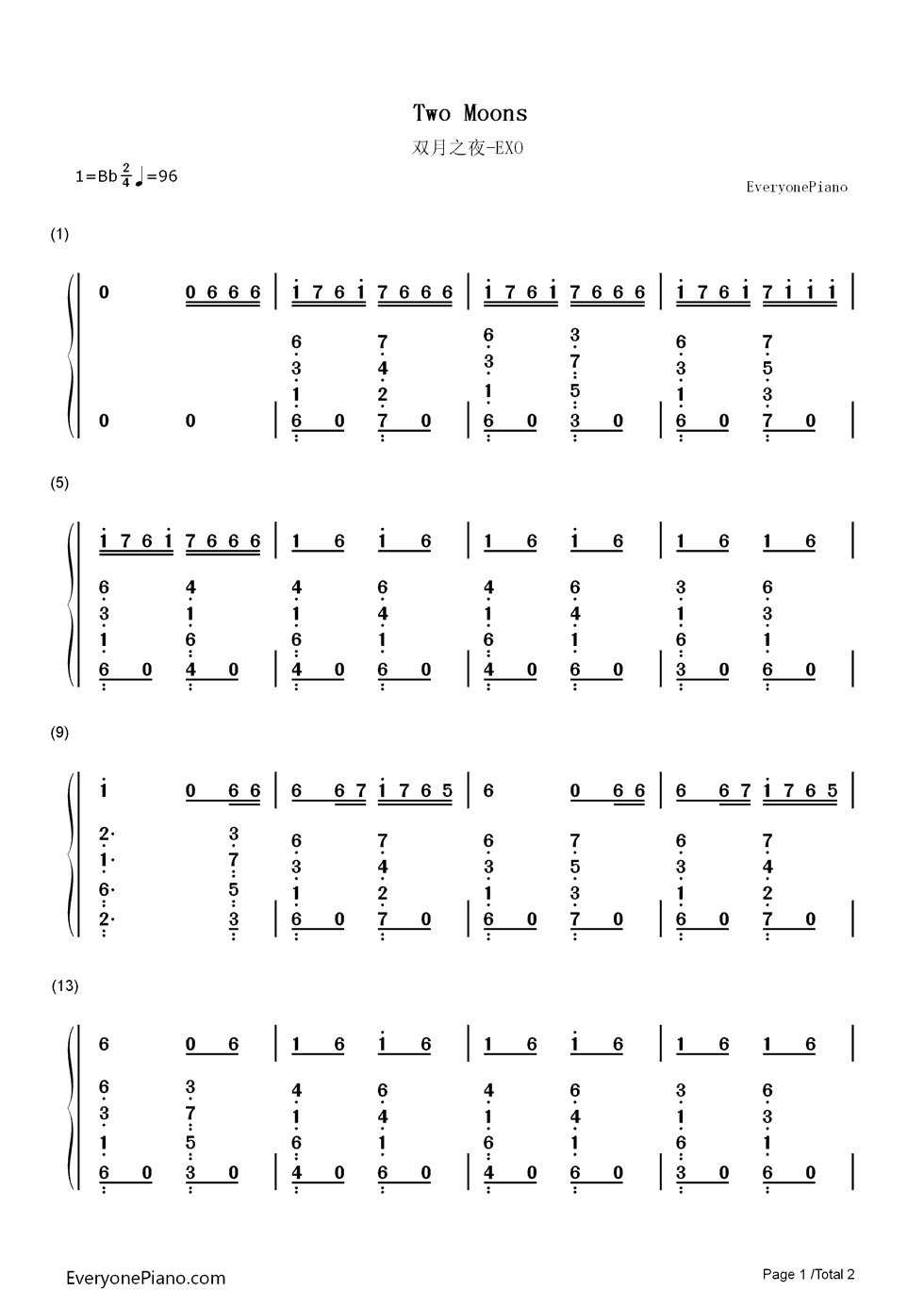 双月之夜钢琴简谱_数字双手_EXO