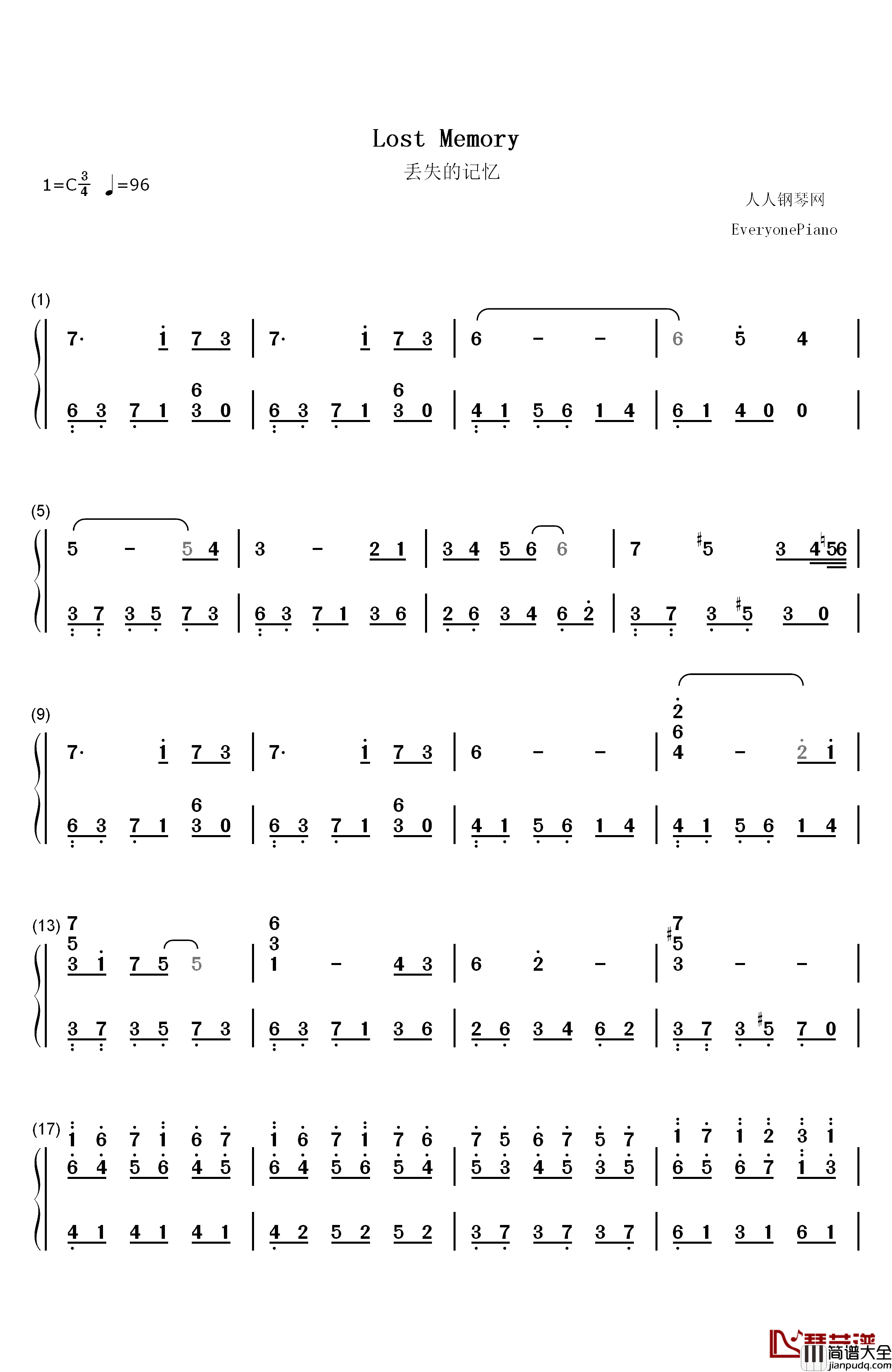 Lost_Memory钢琴简谱_数字双手_S.E.N.S.