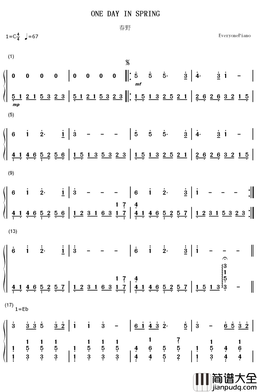 春野钢琴简谱_数字双手_班得瑞__Bandari