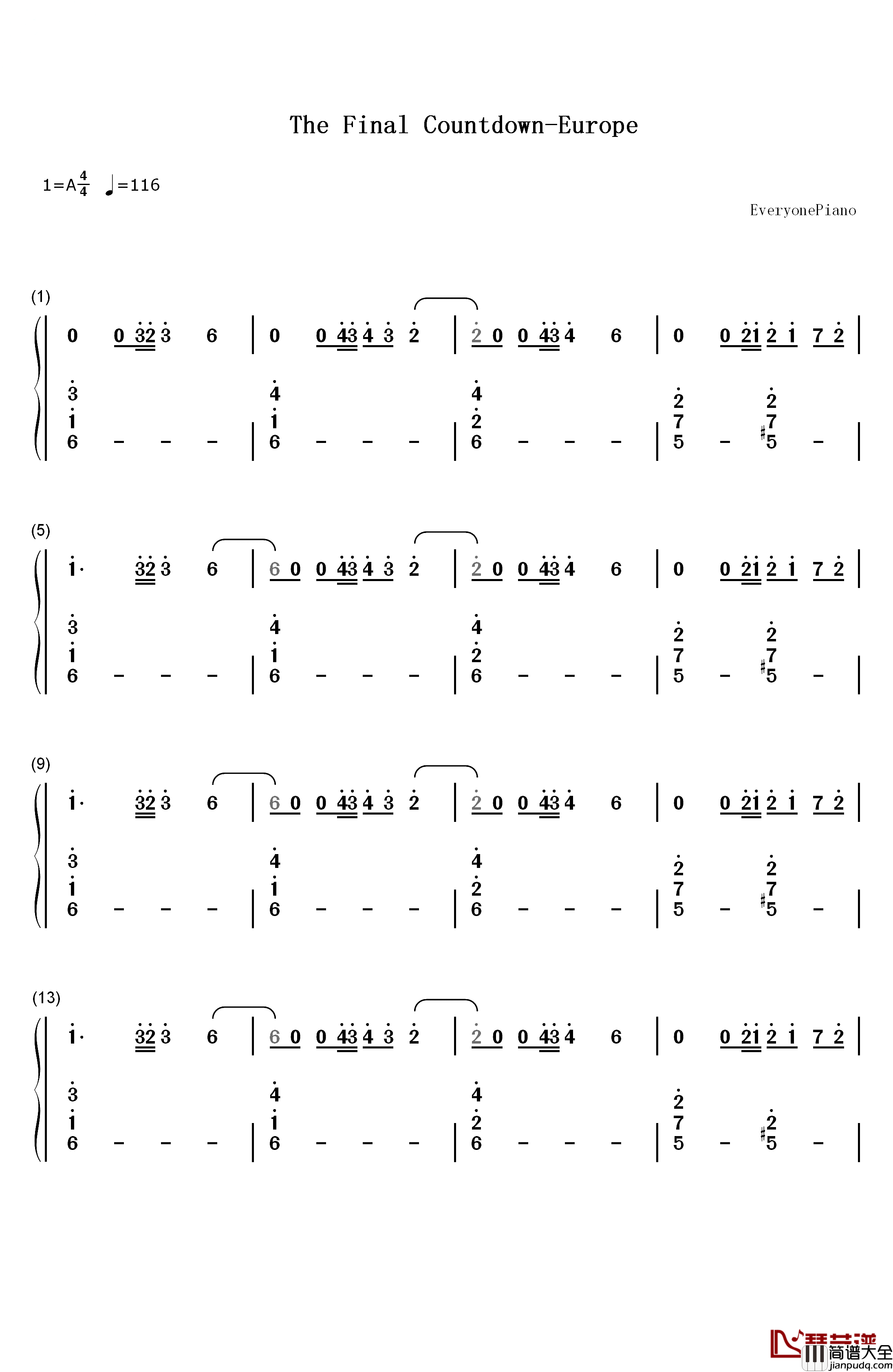 The_Final_Countdown钢琴简谱_数字双手_Europe