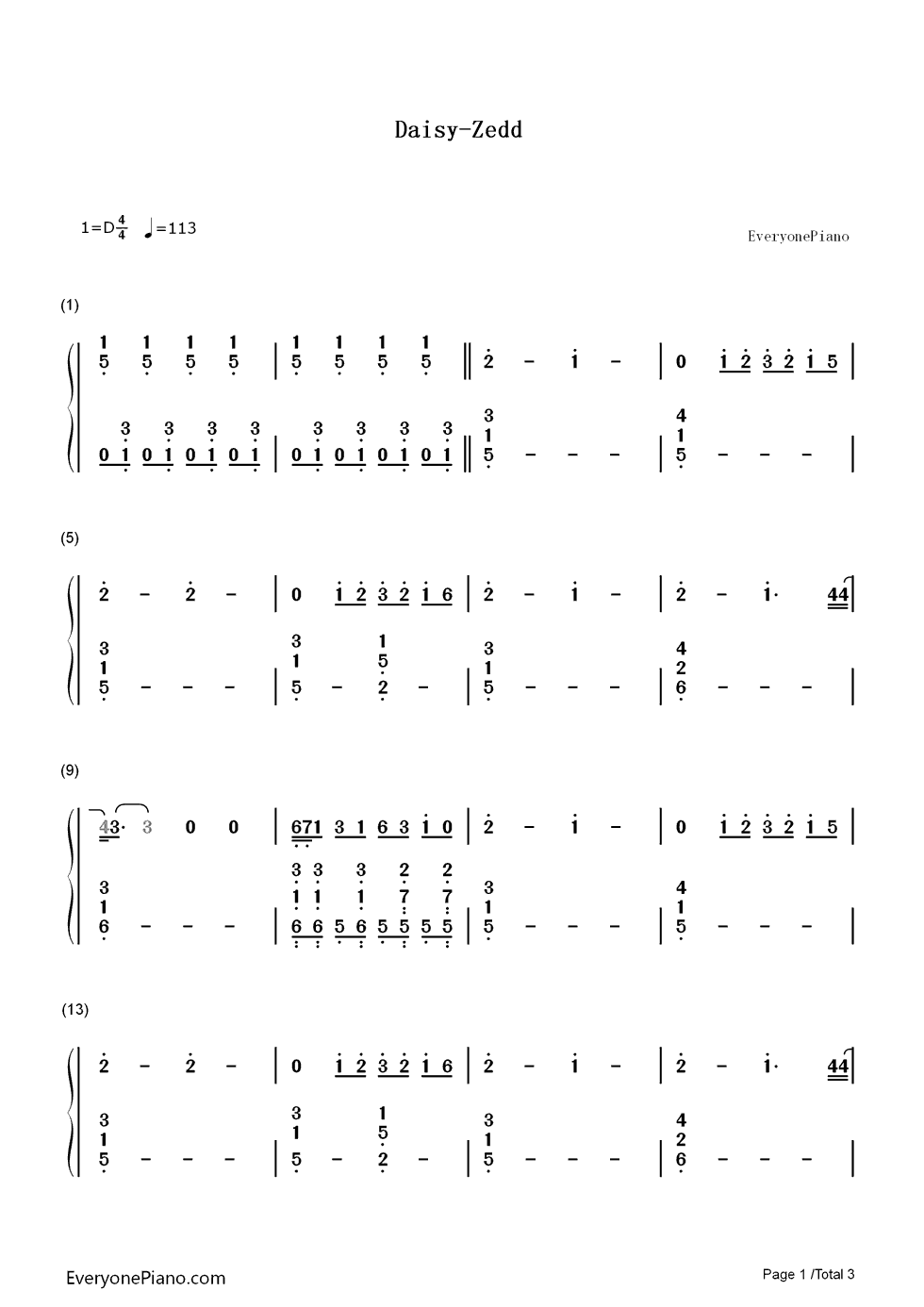 Daisy钢琴简谱_数字双手_Zedd