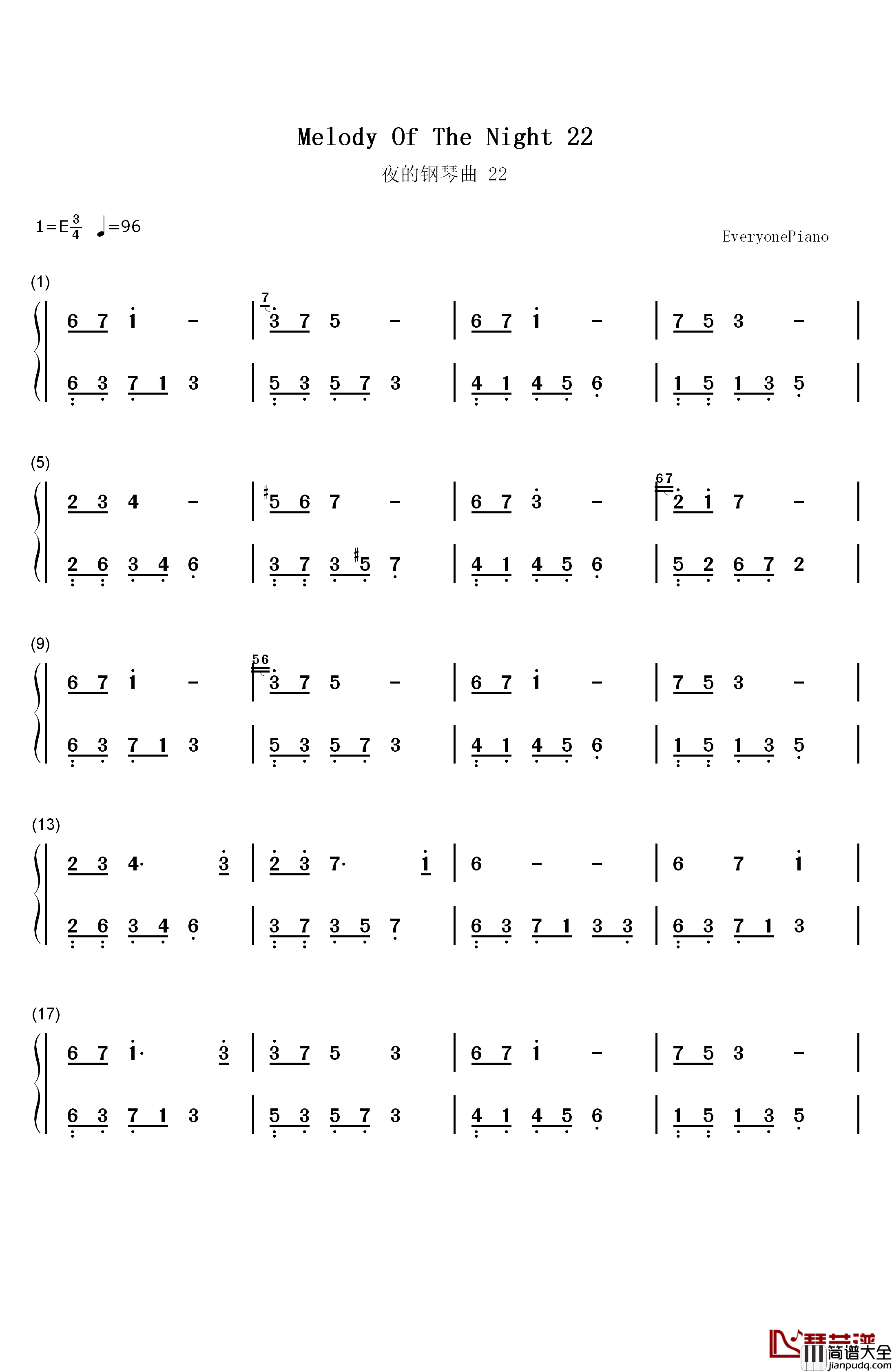夜的钢琴曲_22钢琴简谱_数字双手_石进