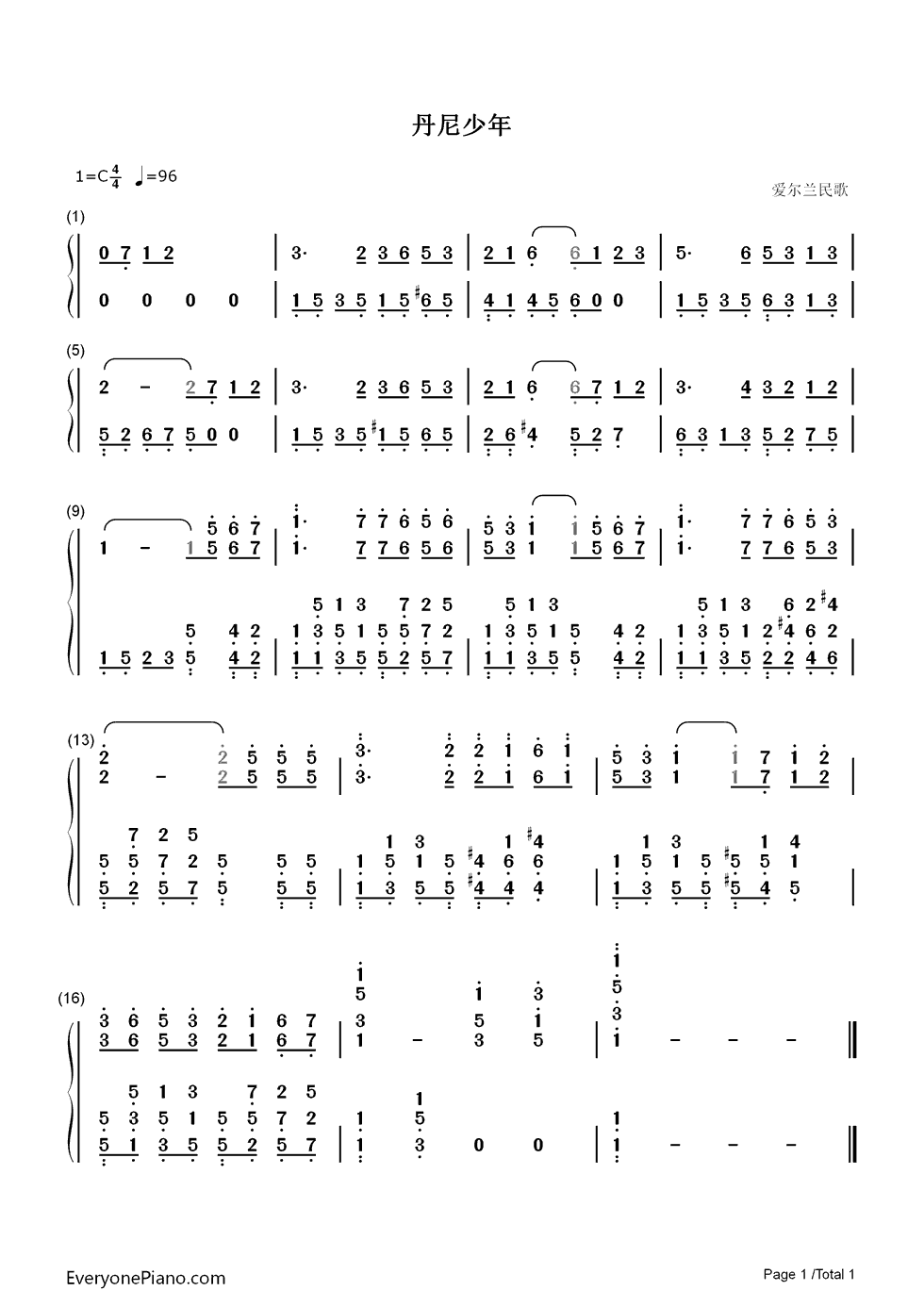 丹尼少年钢琴简谱_数字双手_Frederic_Weatherly