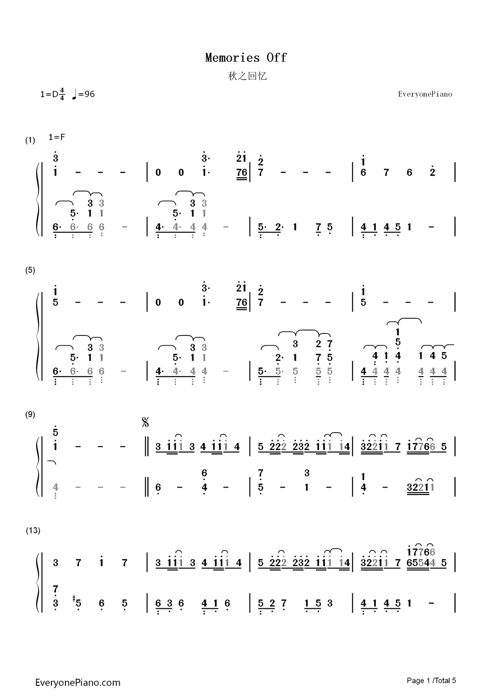 秋之回忆钢琴简谱_数字双手_秋之回忆