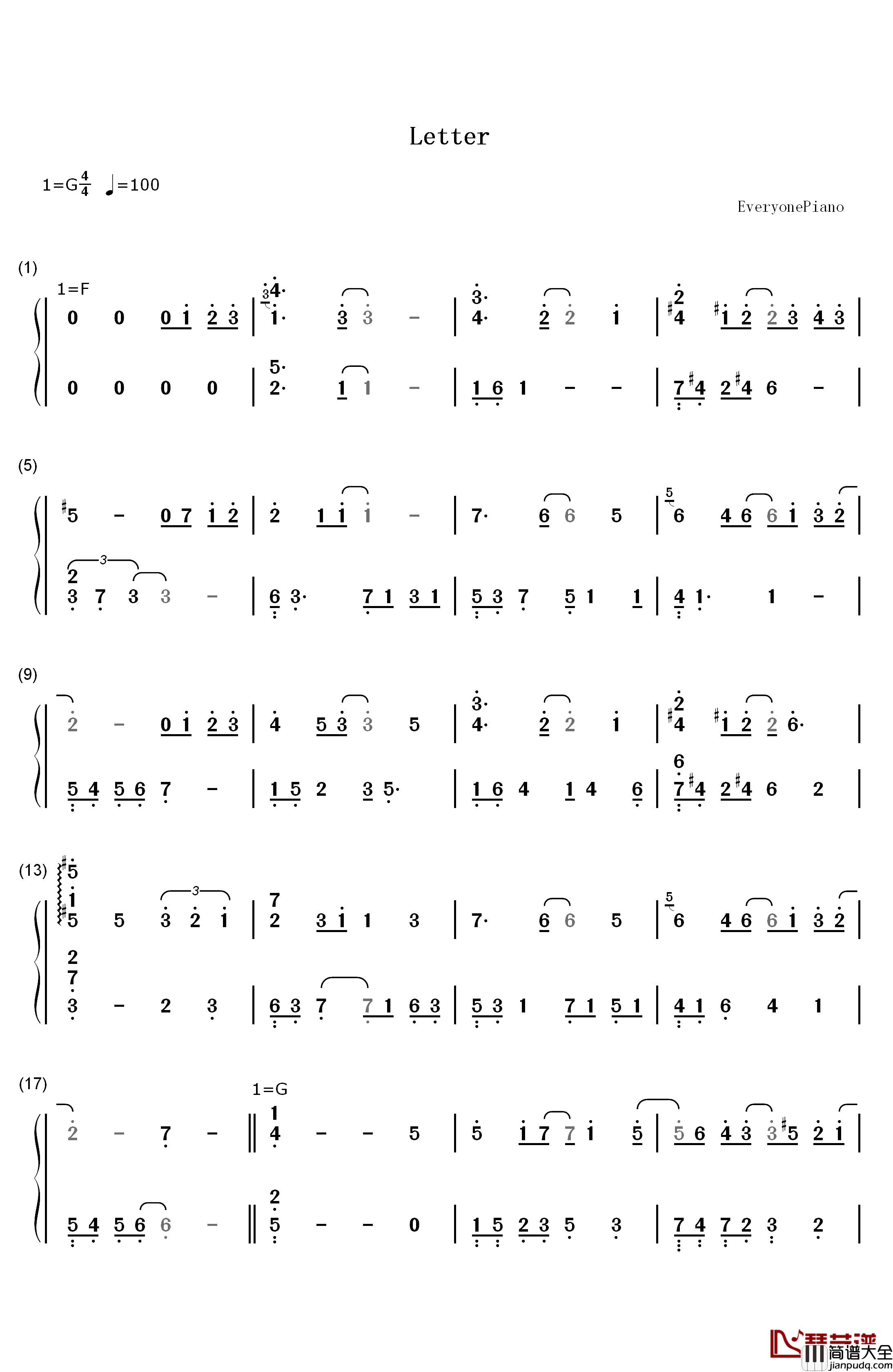 Letter钢琴简谱_数字双手_Yiruma