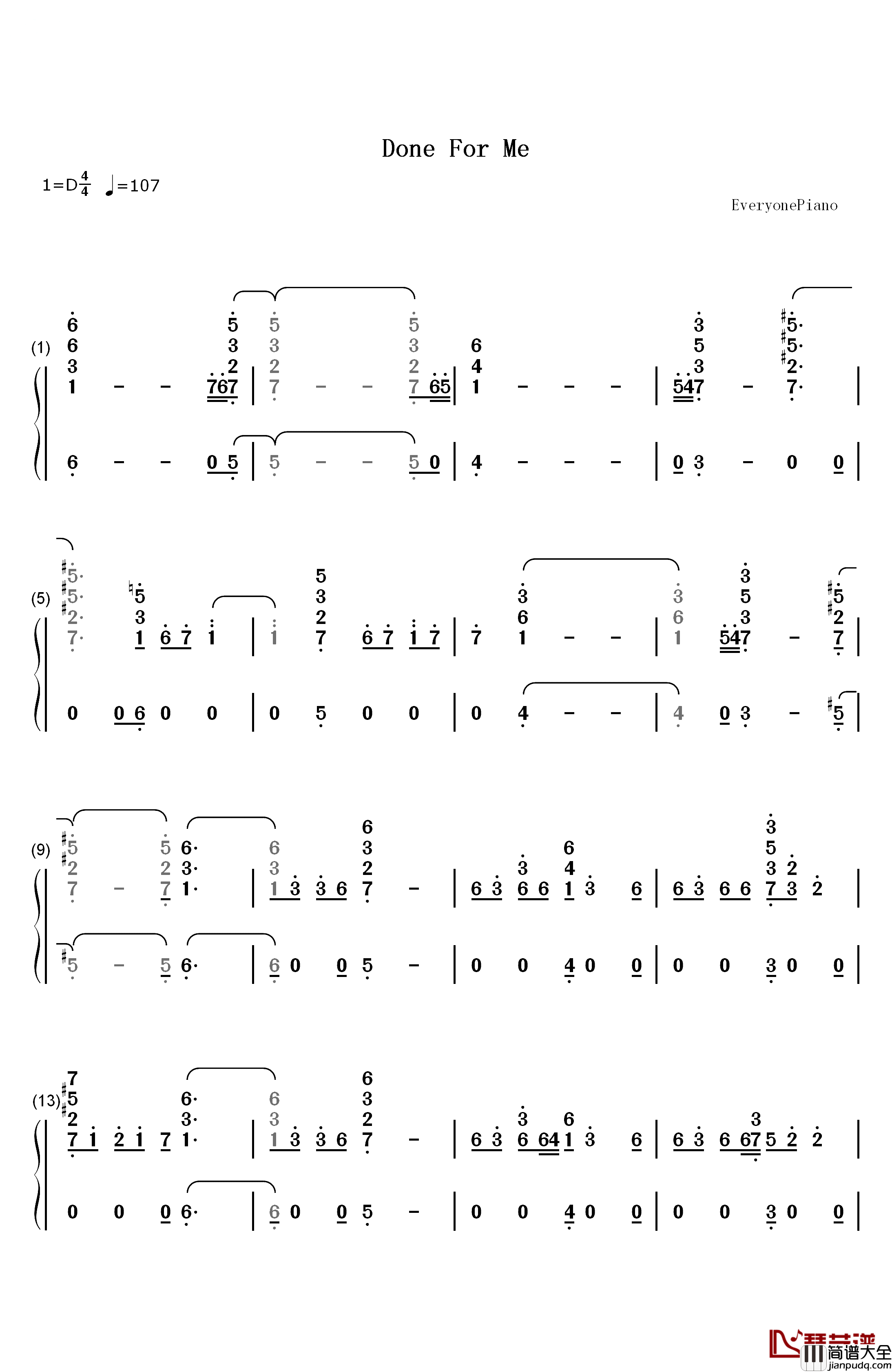 Done_For_Me钢琴简谱_数字双手_Charlie_Puth_Kehlani