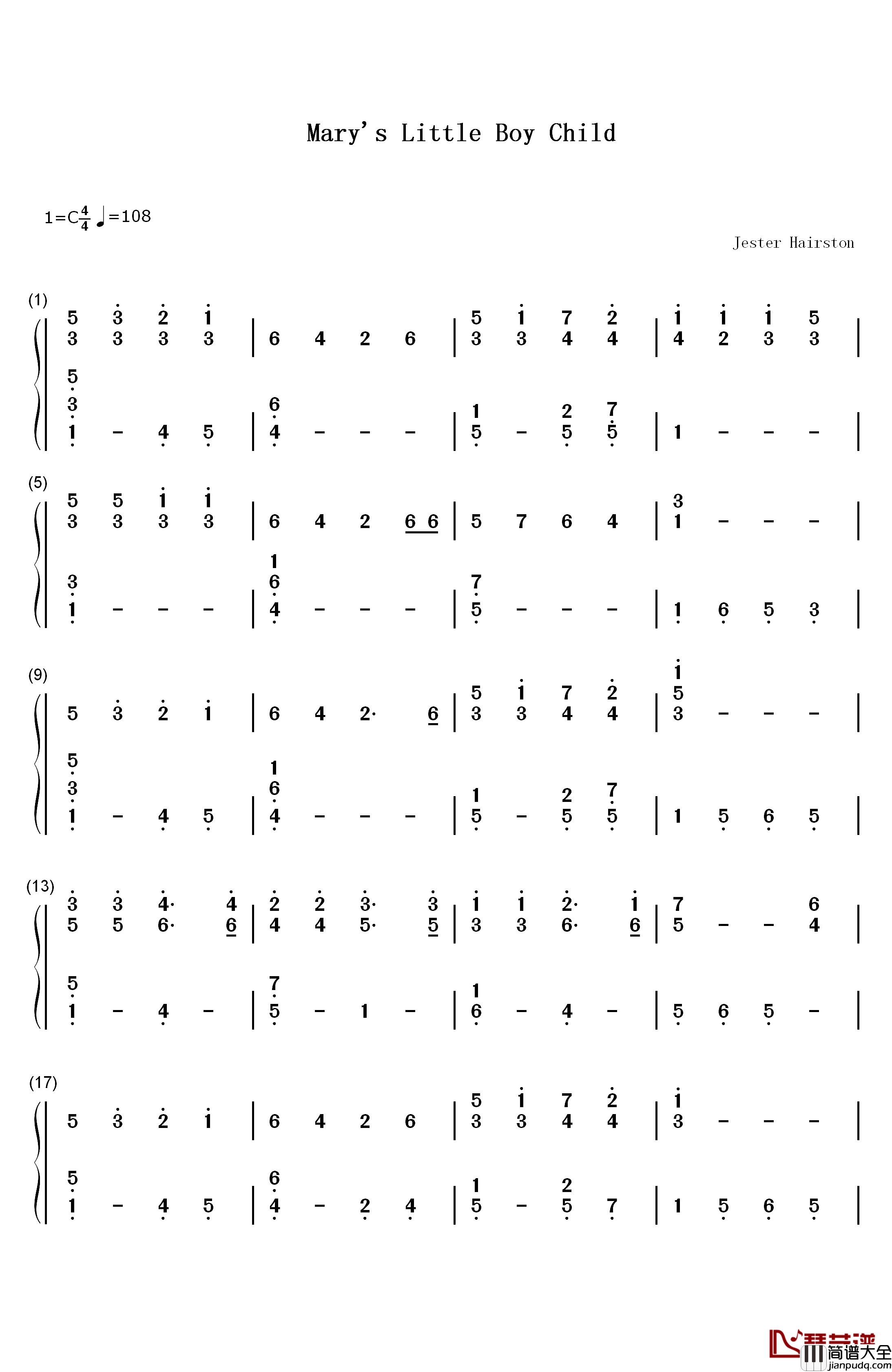 Mary's_Boy_Child钢琴简谱_数字双手_Jester_Hairston