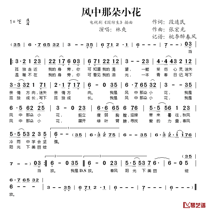 风中那朵小花简谱(歌词)_林爽演唱_桃李醉春风记谱