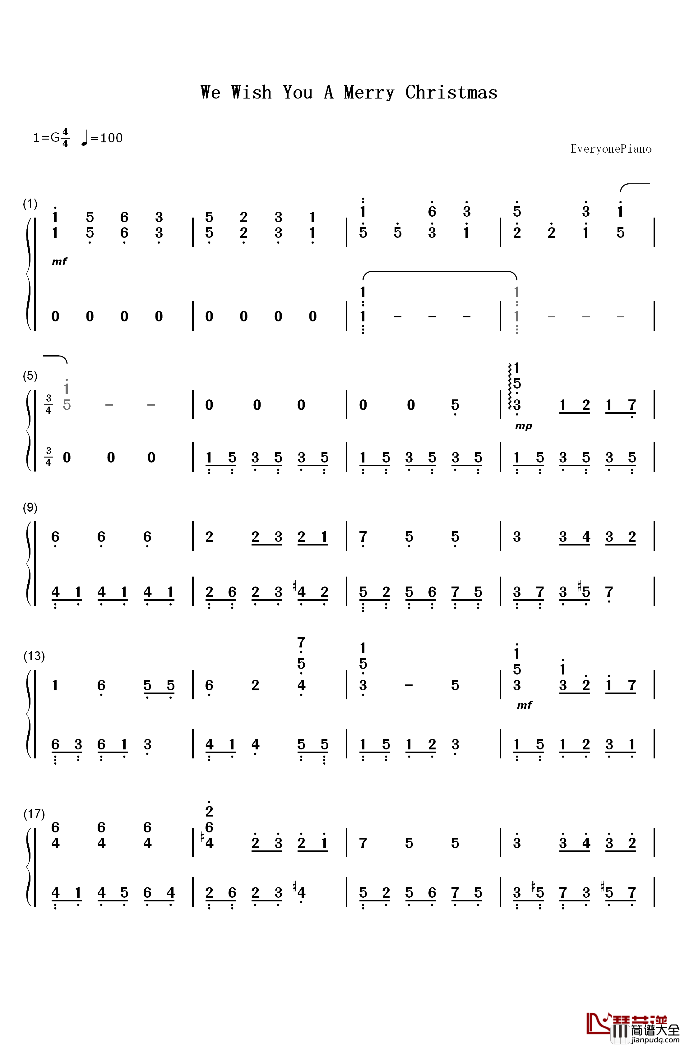 圣诞歌曲_钢琴简谱_数字双手_英国童声合唱团