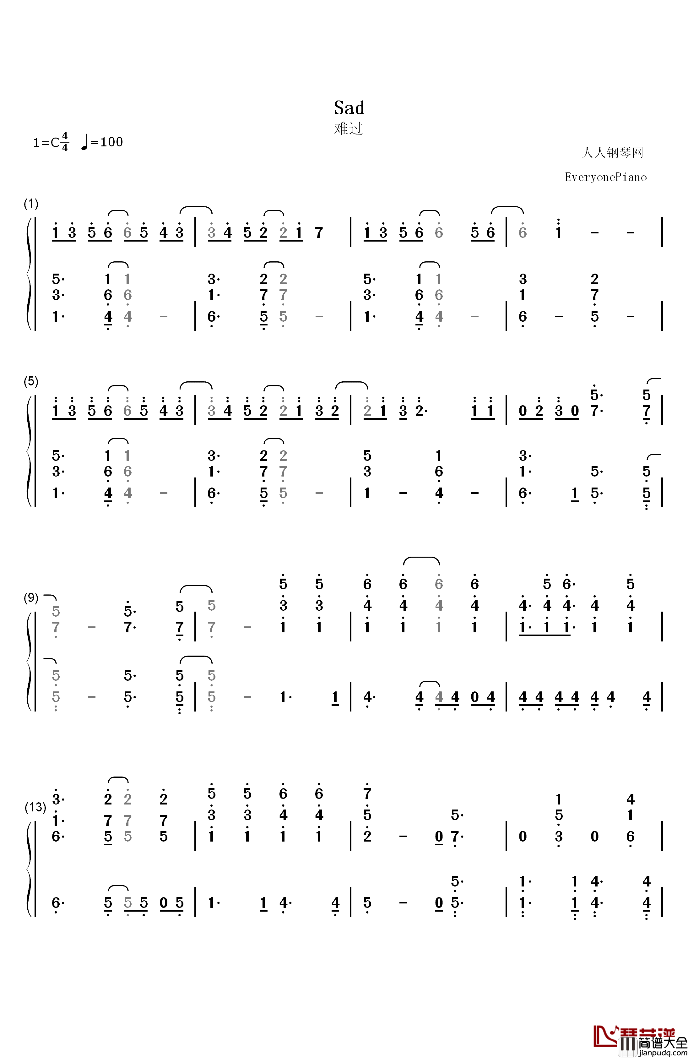 Sad钢琴简谱_数字双手_Bo_Burnham