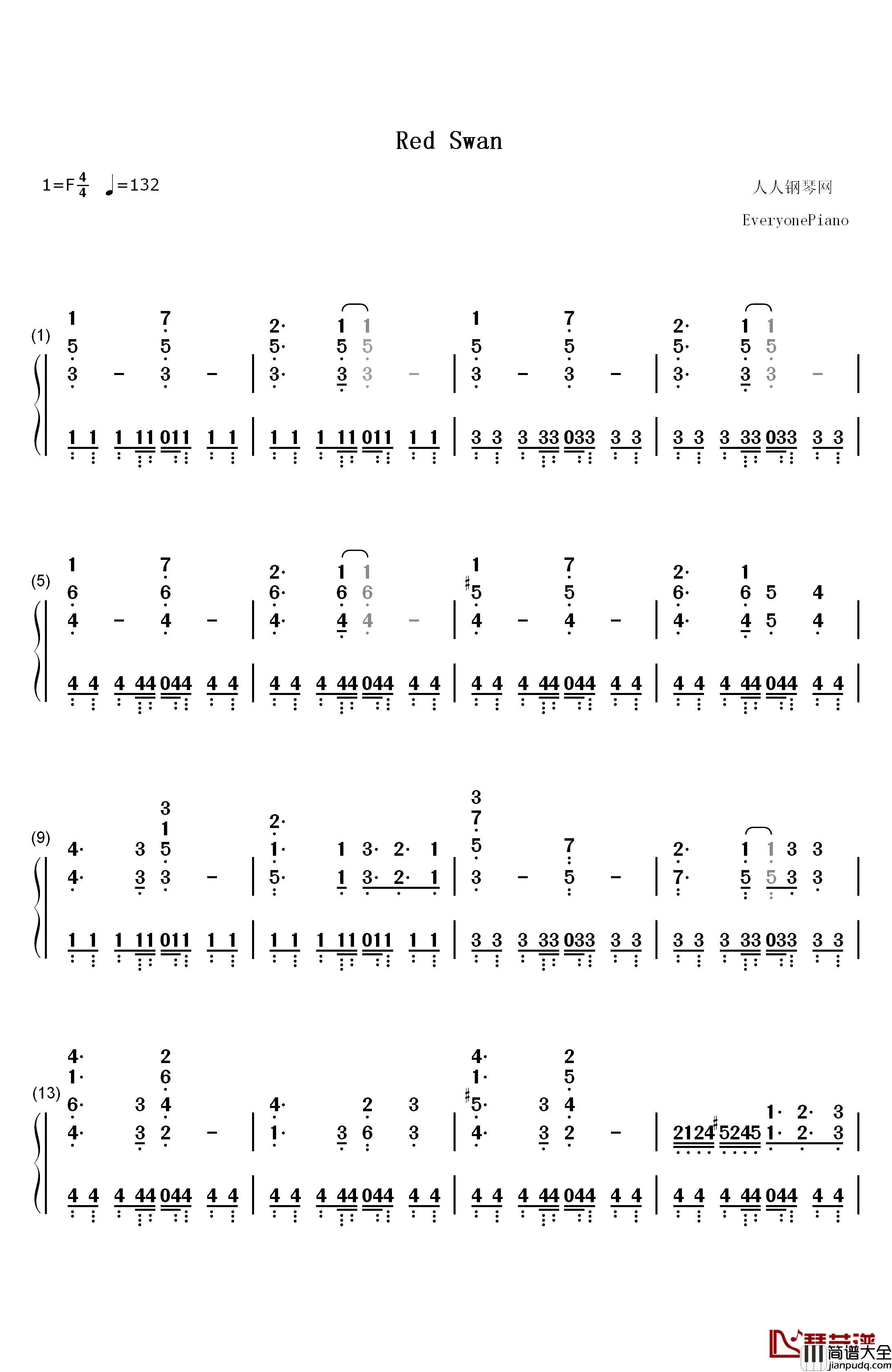 Red_Swan钢琴简谱_数字双手_Yoshiki_Hyde