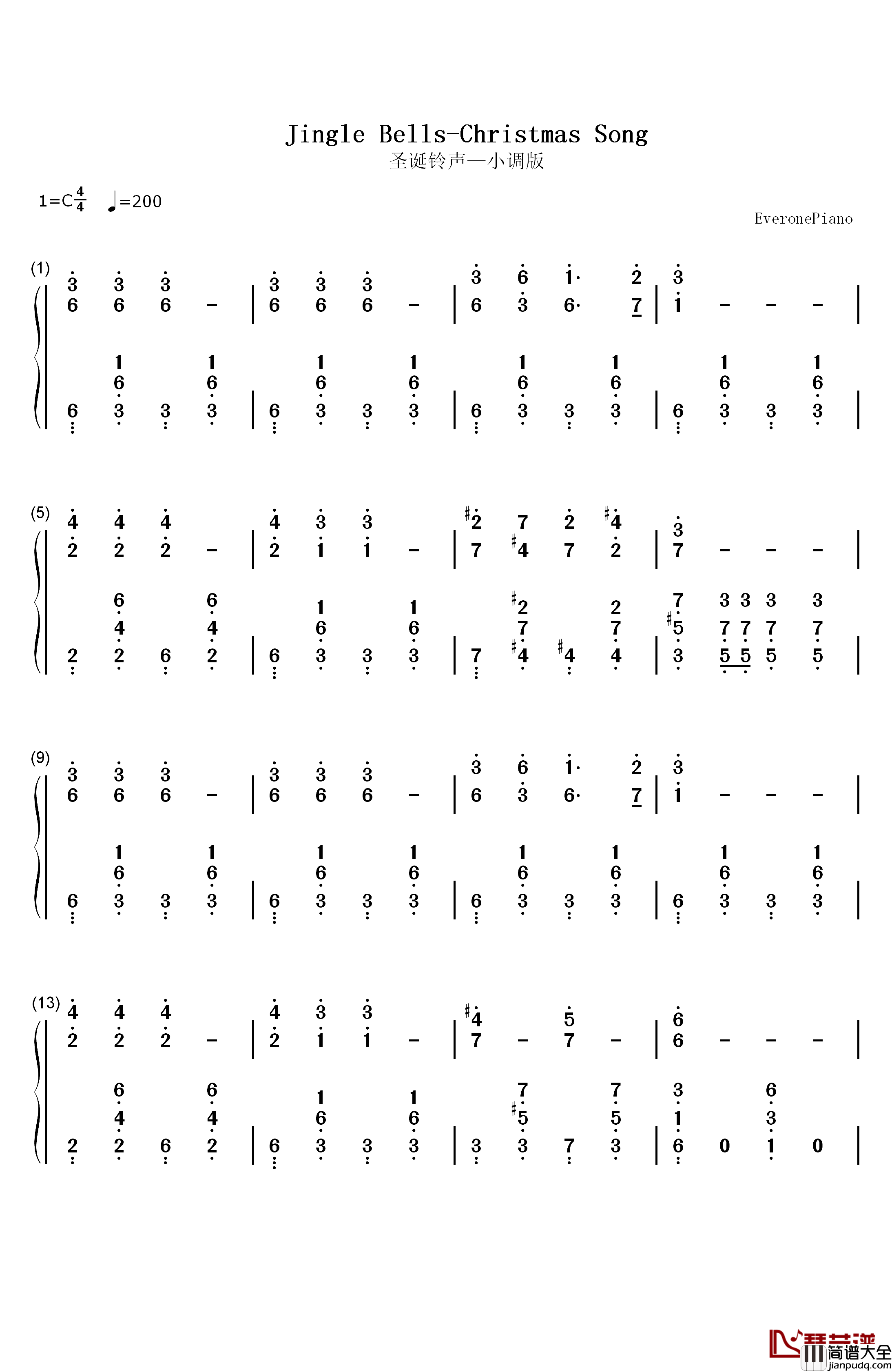 铃儿响叮当小调版钢琴简谱_数字双手_詹姆斯·罗德·皮尔彭特__James_Lord_Pierpont