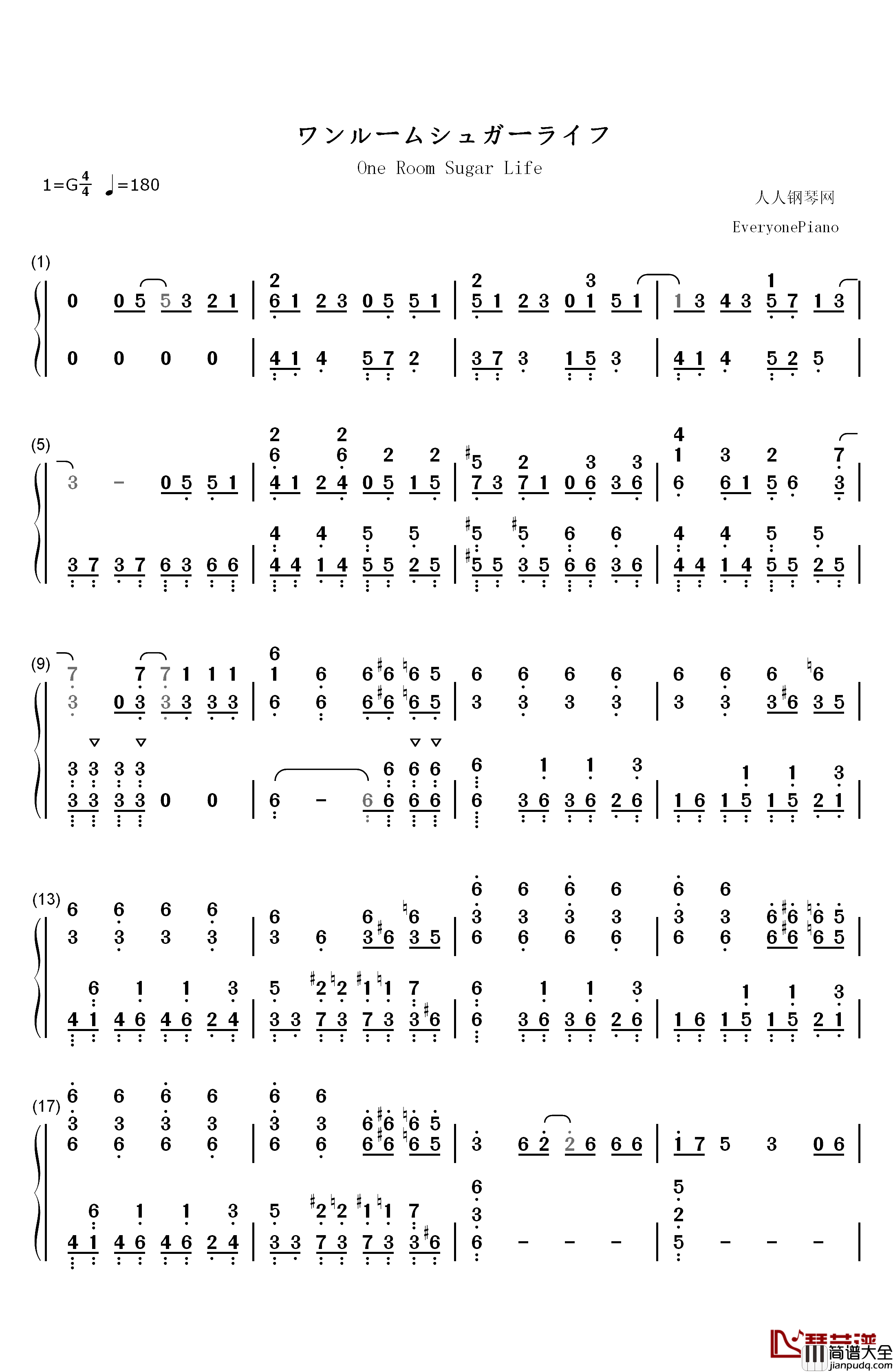 ワンルームシュガーライフ钢琴简谱_数字双手_ナナヲアカリ