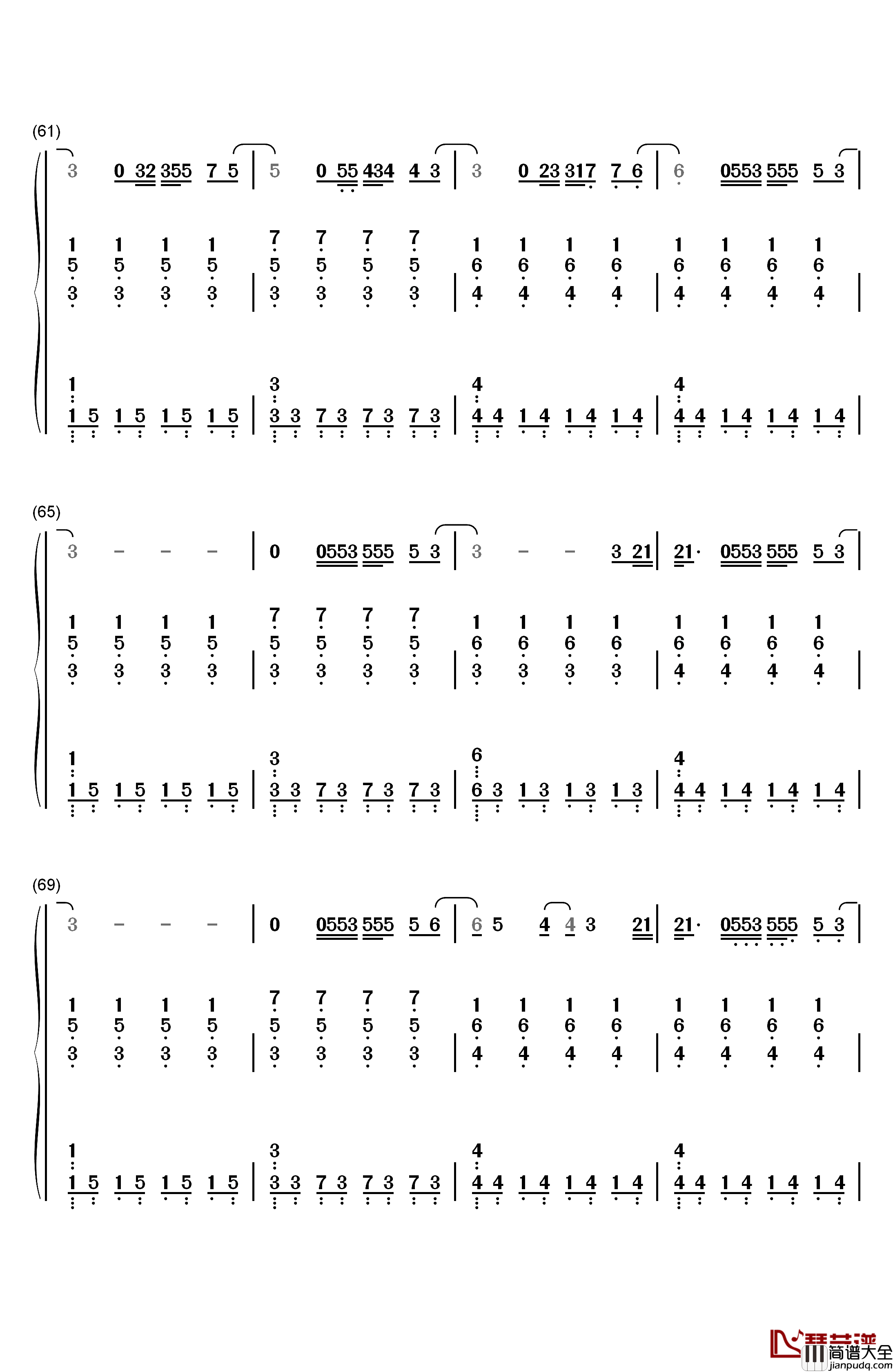 倒数钢琴简谱_数字双手_邓紫棋