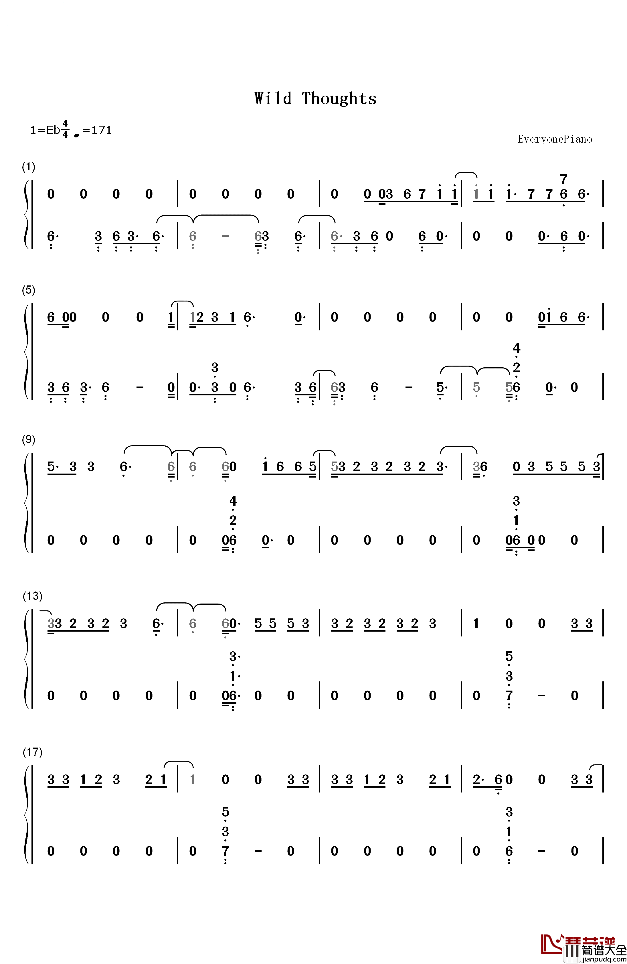 Wild_Thoughts钢琴简谱_数字双手_DJ_Khaled__Rihanna__Bryson_Tiller