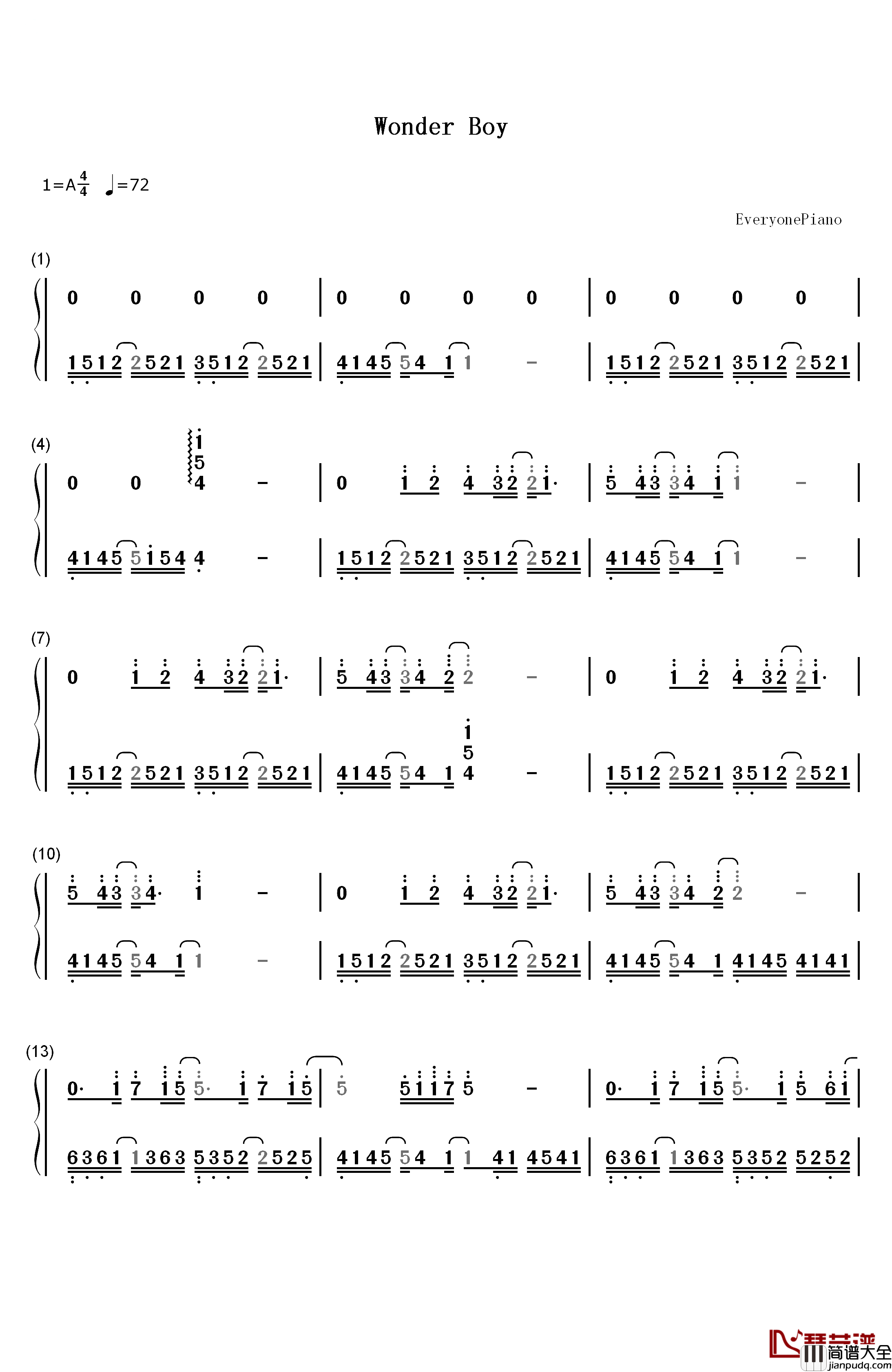 Wonder_Boy钢琴简谱_数字双手_Yiruma