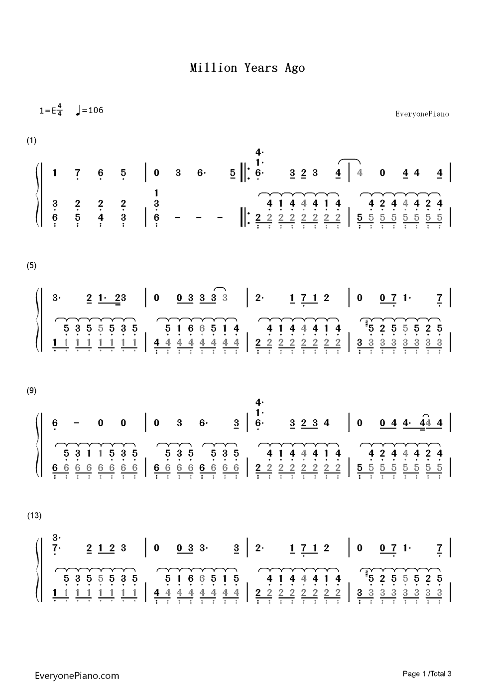 Million_Years_Ago钢琴简谱_数字双手_Adele