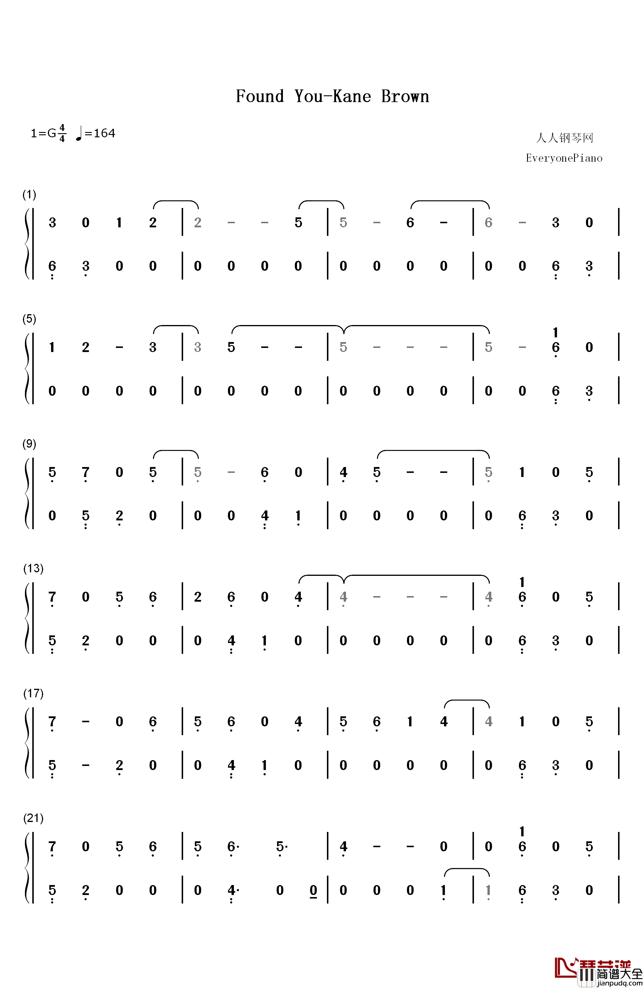 Found_You钢琴简谱_数字双手_Kane_Brown